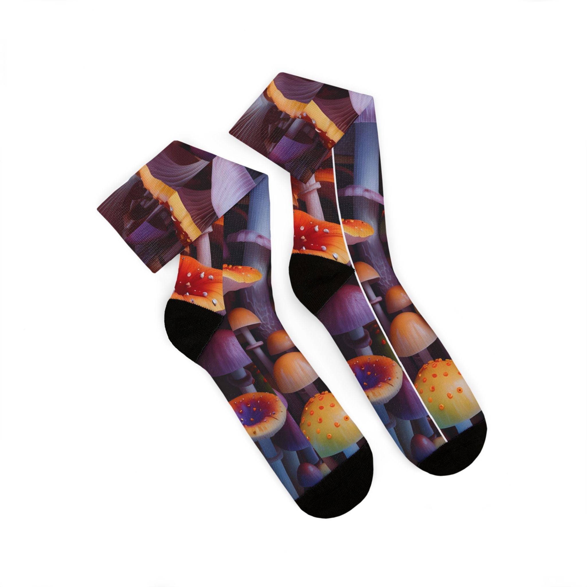 Socks: Mushroom Forest Sublimation Socks — Colorful Psychedelic Fungi Crew Socks
