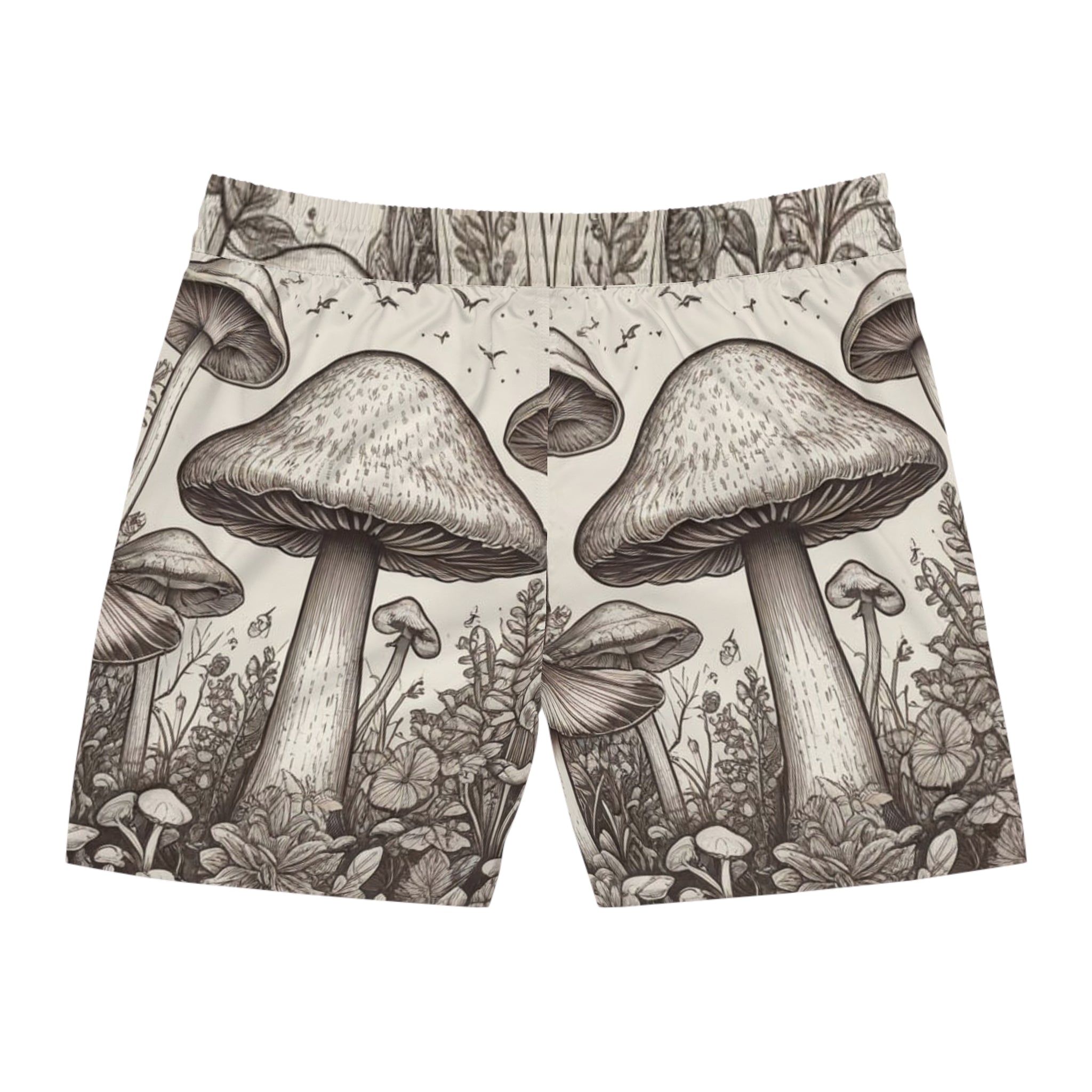 Mushroom Forest Swim Shorts — Vintage Botanical Mens Mid-Length Boardshorts