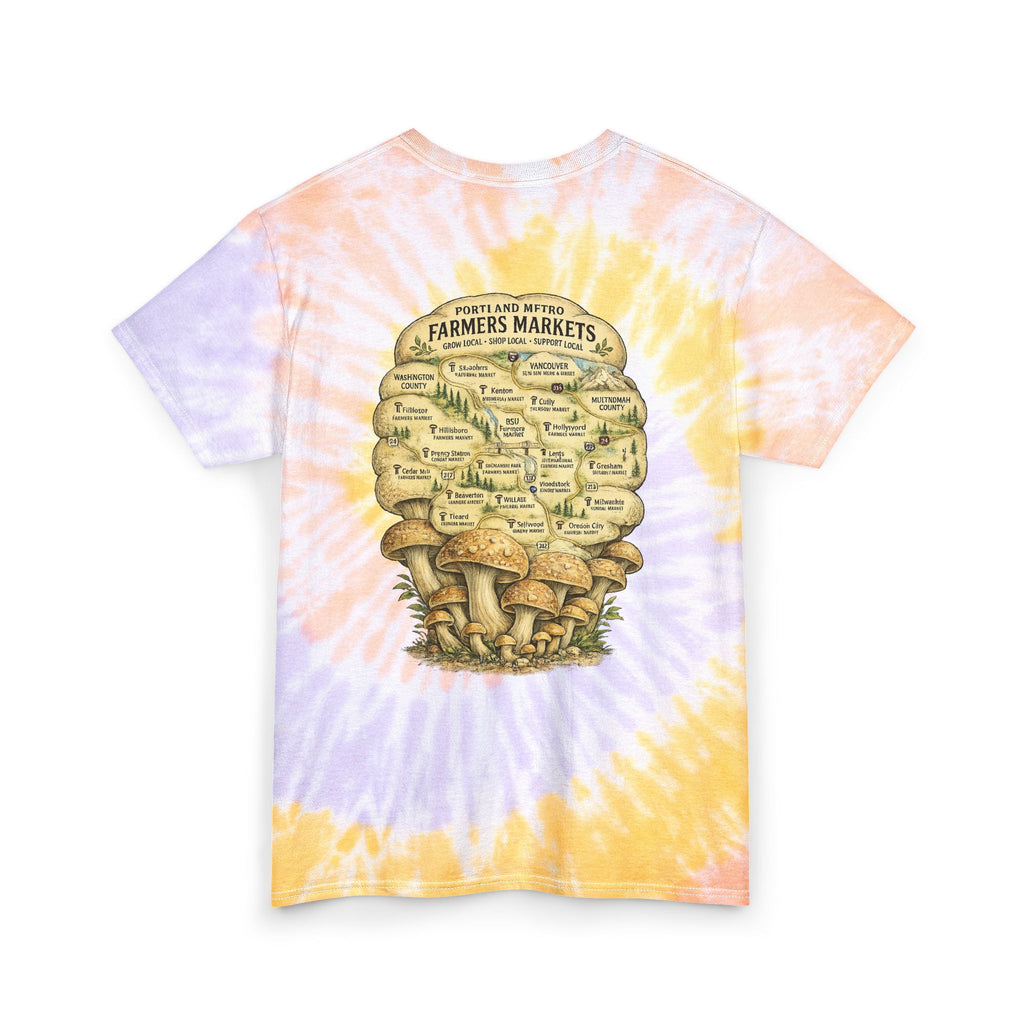 T-Shirt: Tie Dye Tee — Scenic Skull Illustration | Farmers Market Mushroom Map
