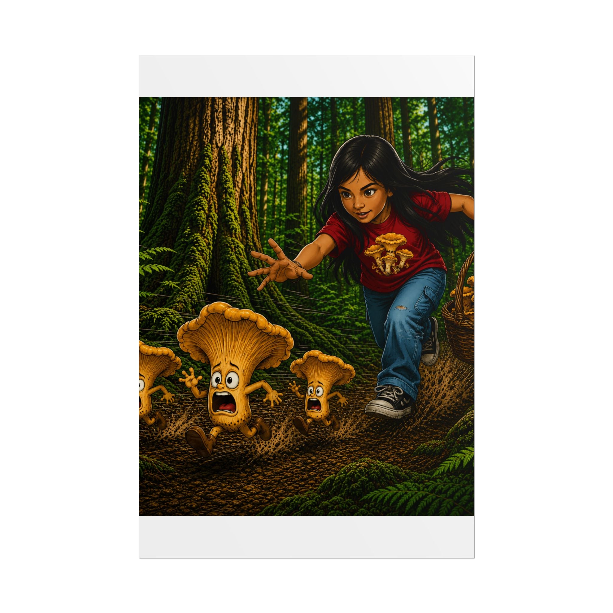 Rolled Poster: Girl Chasing Animated Mushrooms Forest Art Print
