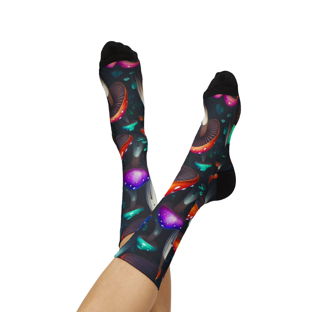 Socks: Psychedelic Mushroom Sublimation Socks — Colorful Fantasy Crew Socks
