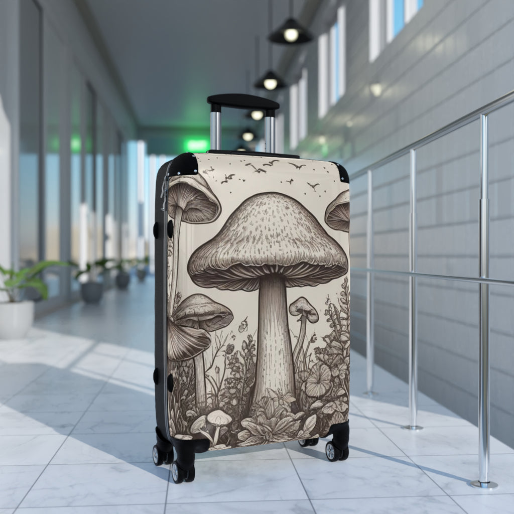 Mushroom Illustration Suitcase – Botanical Fungi Carry-On Luggage