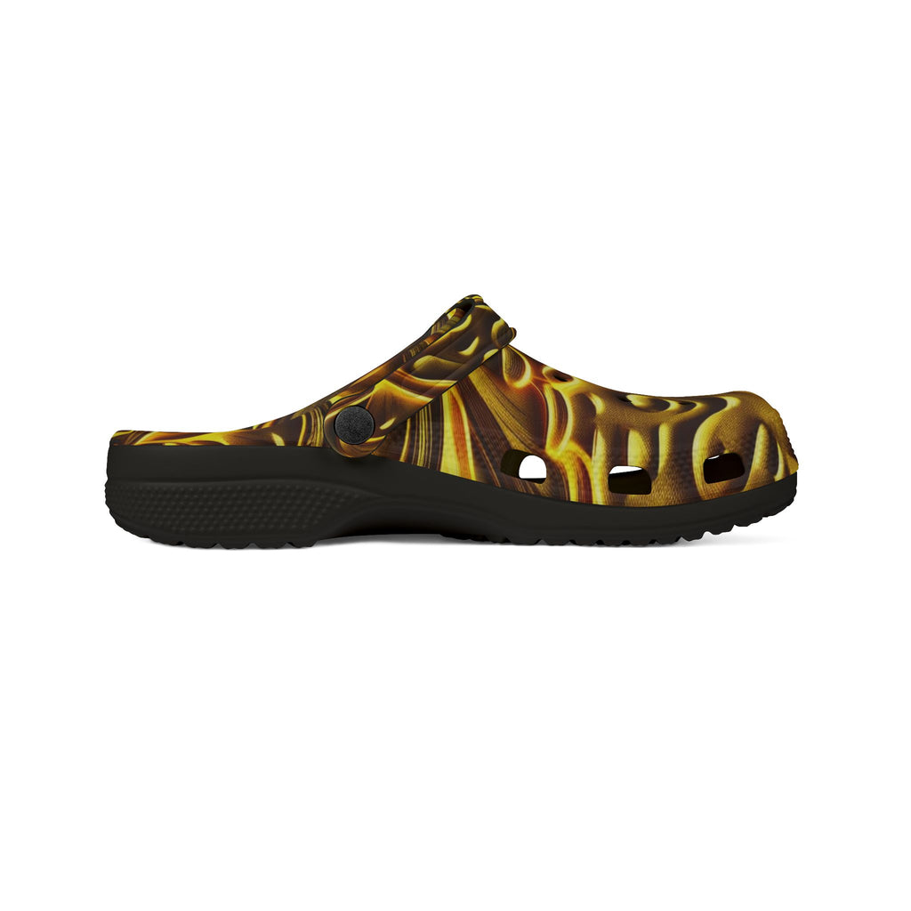 Clogs: Golden Swirl EVA Foam Clogs — Abstract Metallic Pattern Slip-Ons