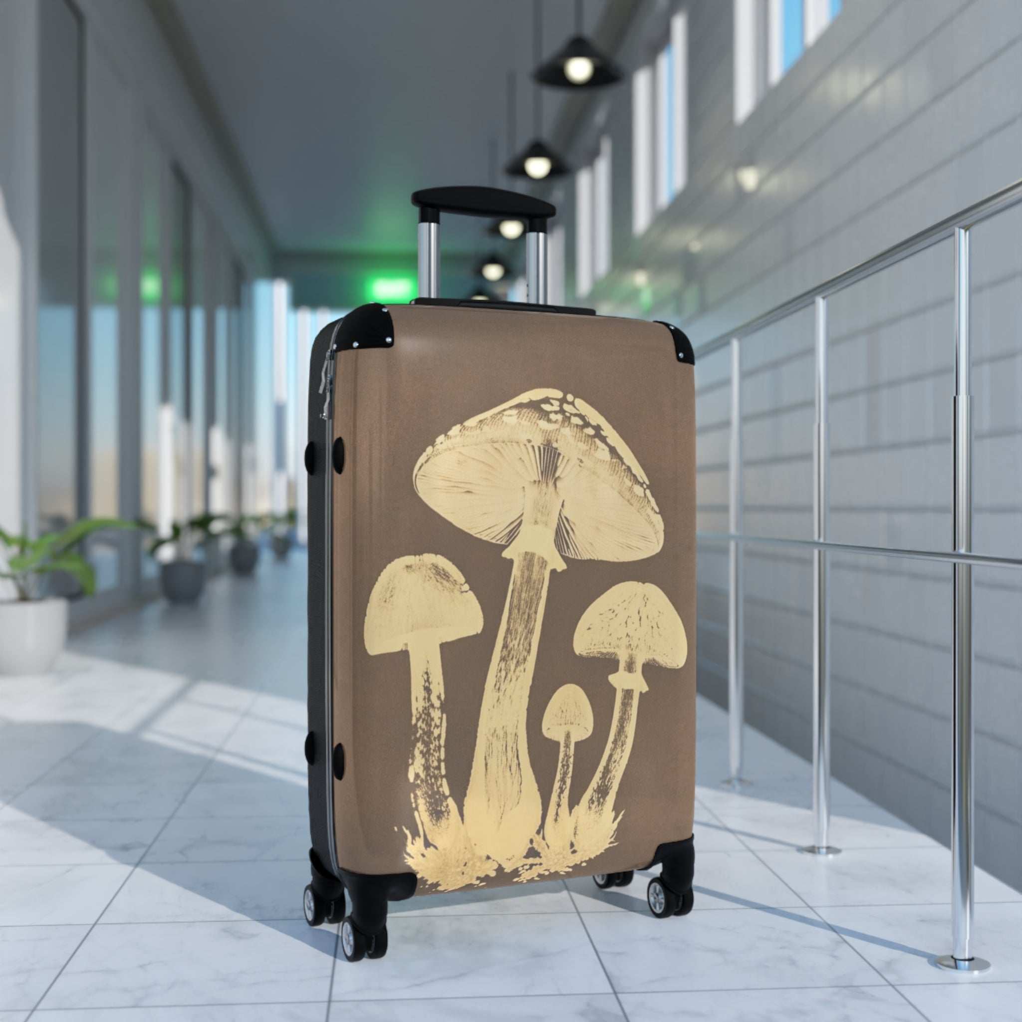 Mushroom Illustration Suitcase — Vintage Botanical Carry-On Luggage