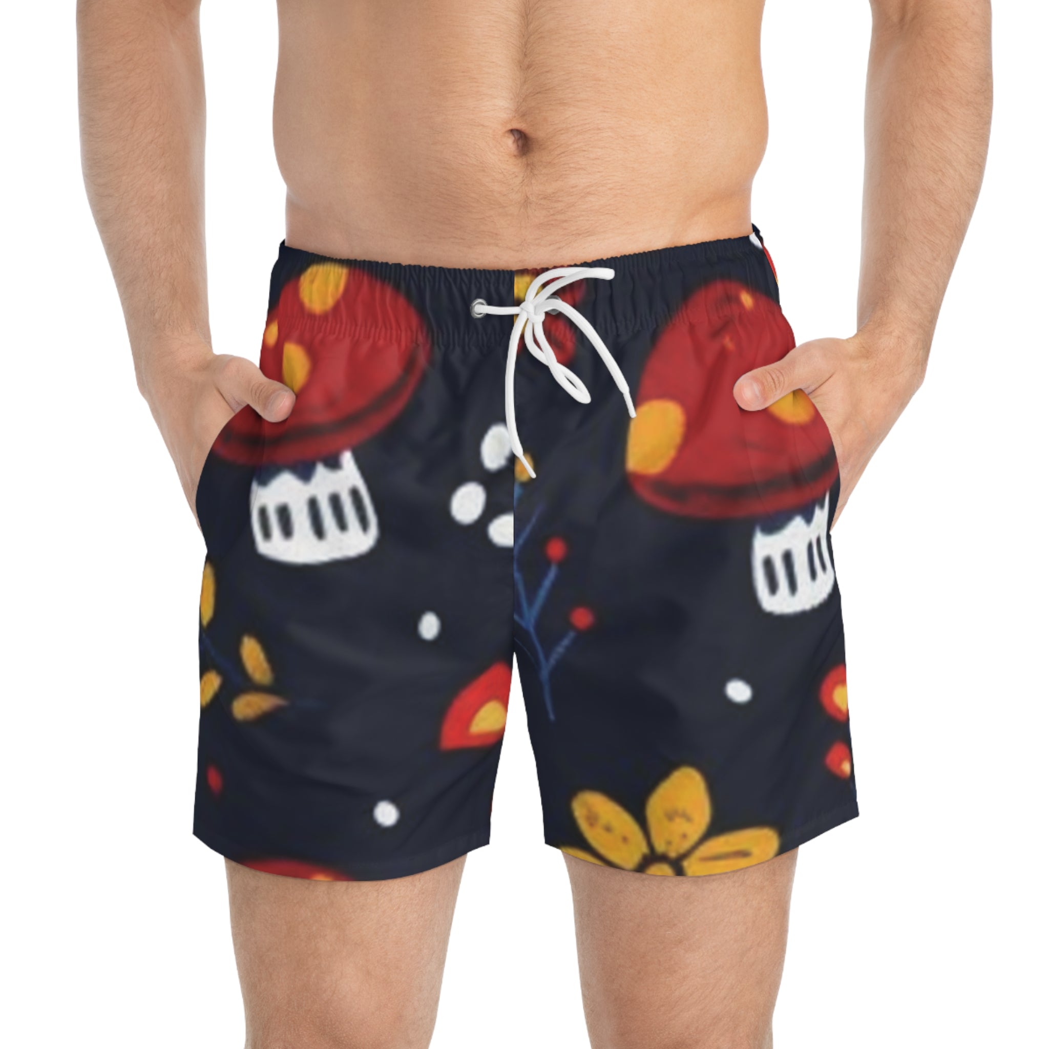Mushroom Floral Swim Trunks - Red Toadstool Pattern Beach Shorts