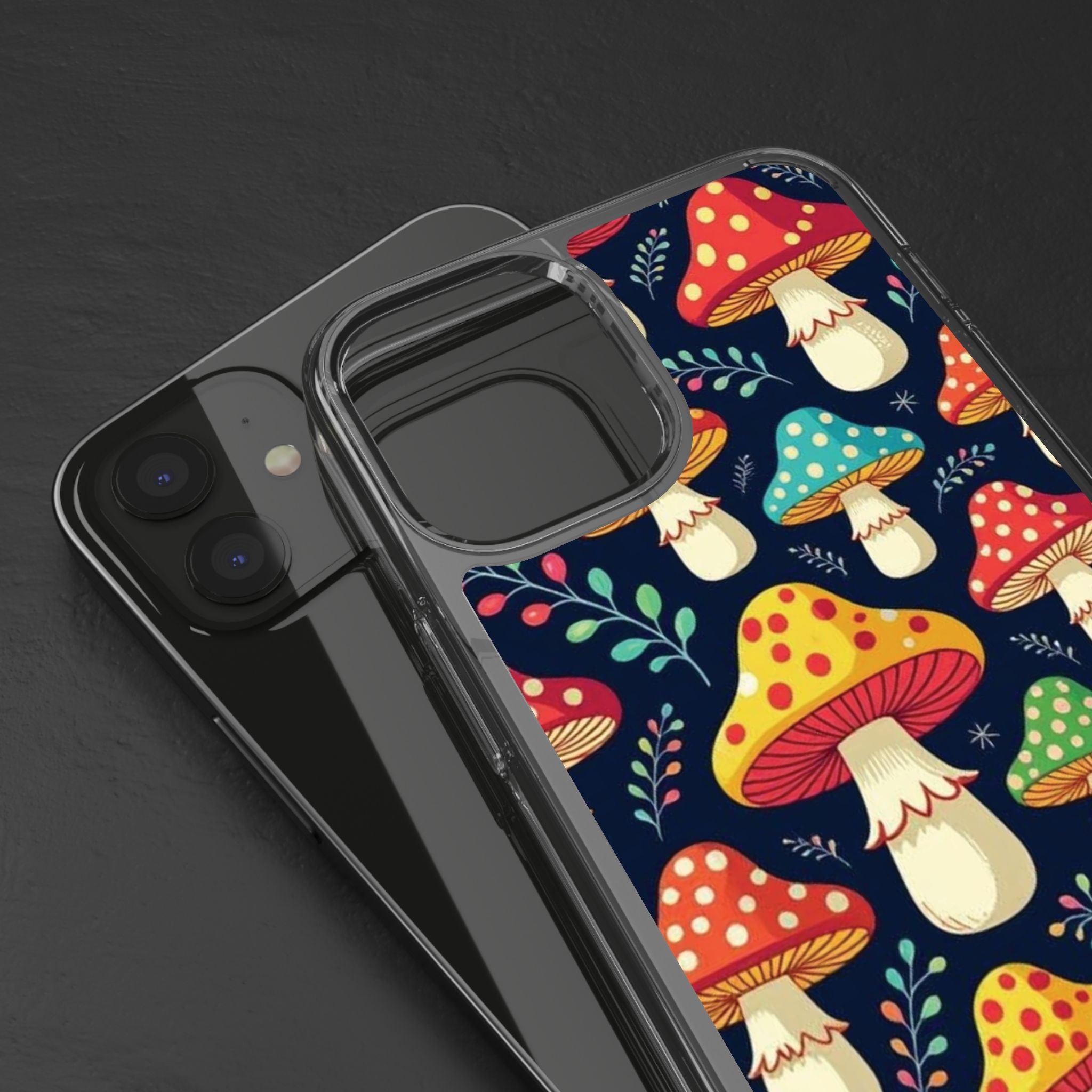 Phone Case: Mushroom Pattern Clear Phone Case — Colorful Toadstool Floral Design