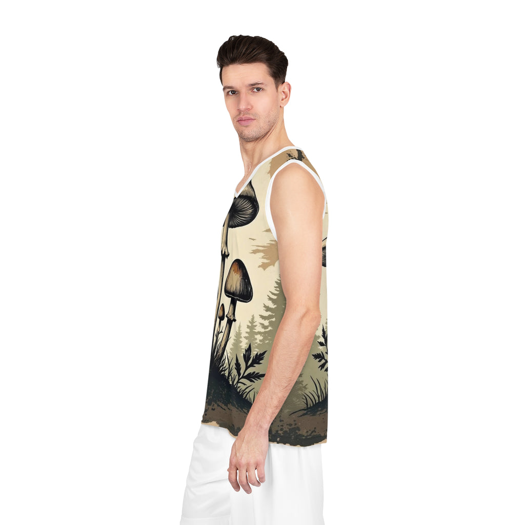 Camiseta de baloncesto Mushroom Forest — Estampado psicodélico vintage de hongos por toda la prenda