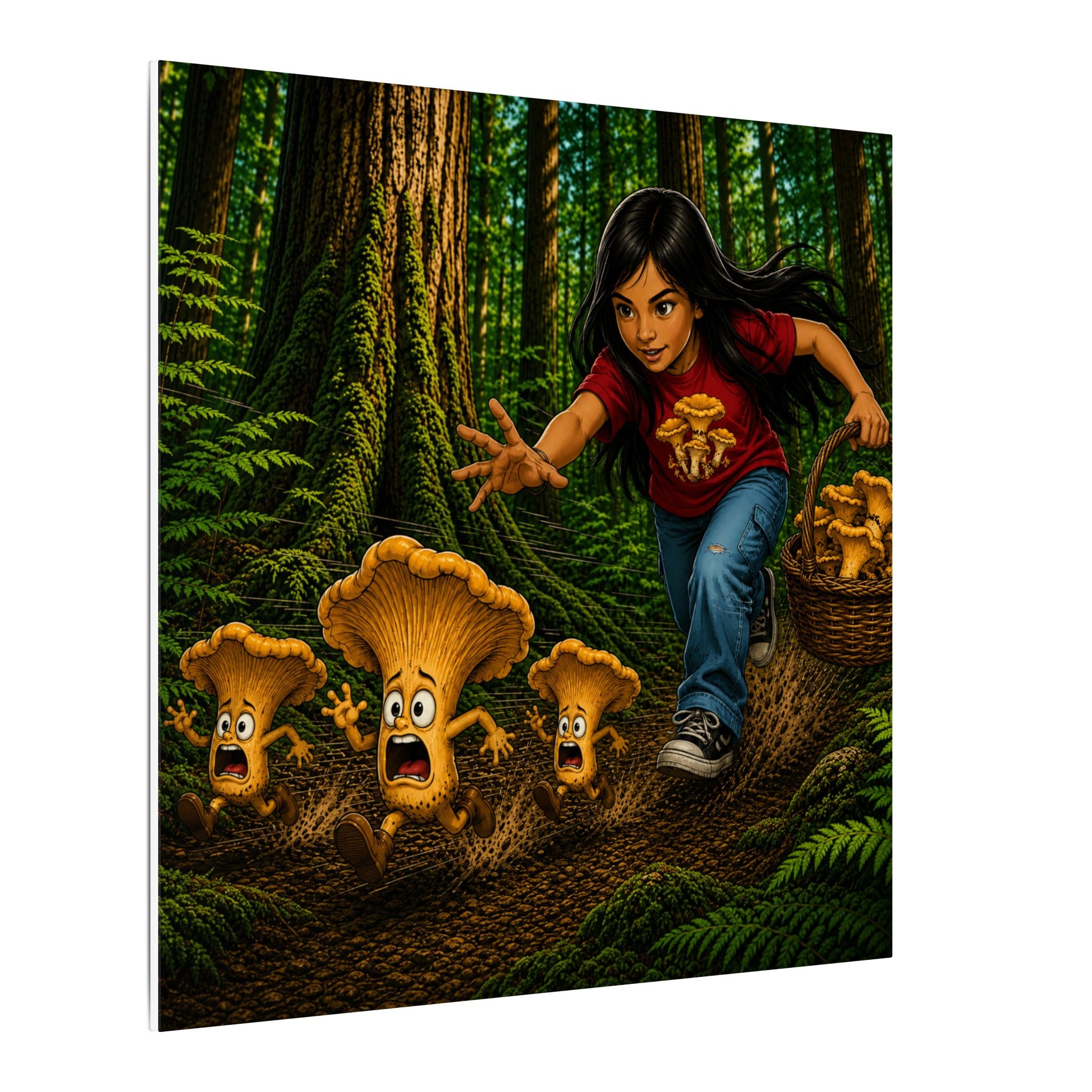 Mushroom Hunt Canvas Print — Kid Chasing Chanterelles Wall Art