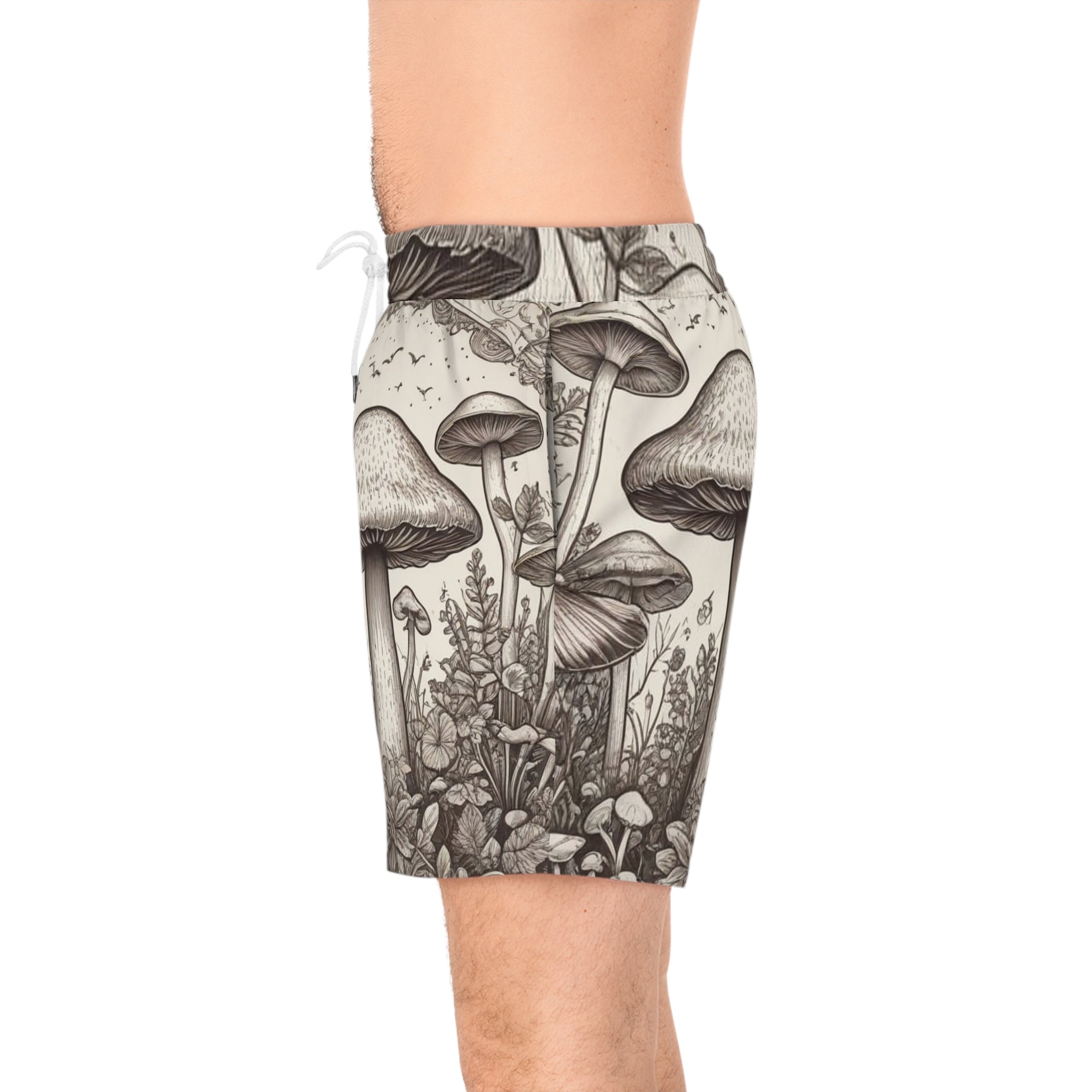 Mushroom Forest Swim Shorts — Vintage Botanical Mens Mid-Length Boardshorts