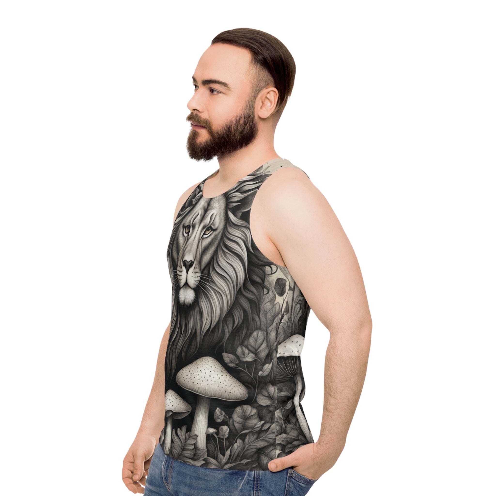 Lion and Mushrooms All-Over Print Tank Top — Monochrome Majestic Forest Vibe