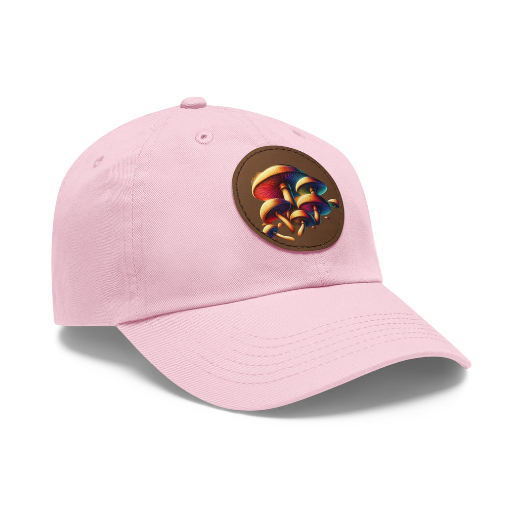 Mushroom Patch Dad Hat — Colorful Psychedelic Fungi Leather Patch Cap