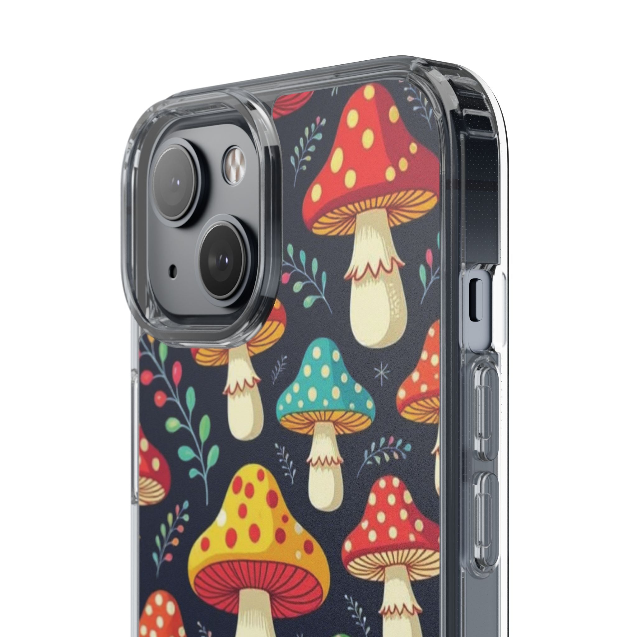 Phone Case: Mushroom Pattern Clear Phone Case — Colorful Toadstool Floral Design