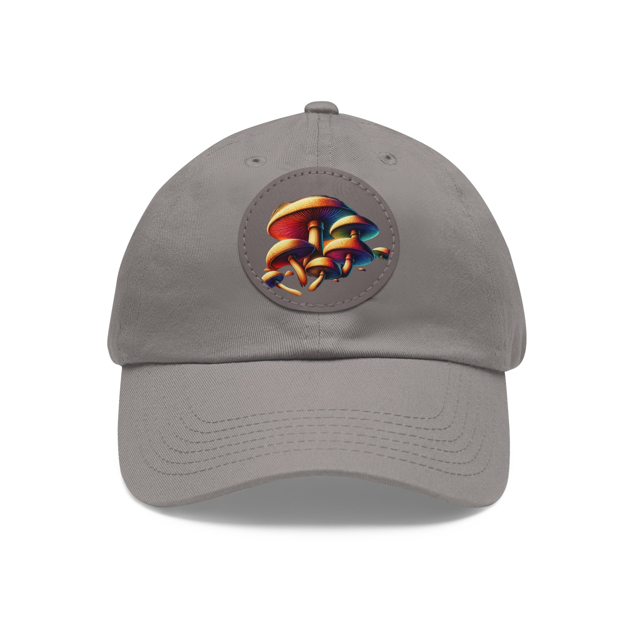 Mushroom Patch Dad Hat — Colorful Psychedelic Fungi Leather Patch Cap