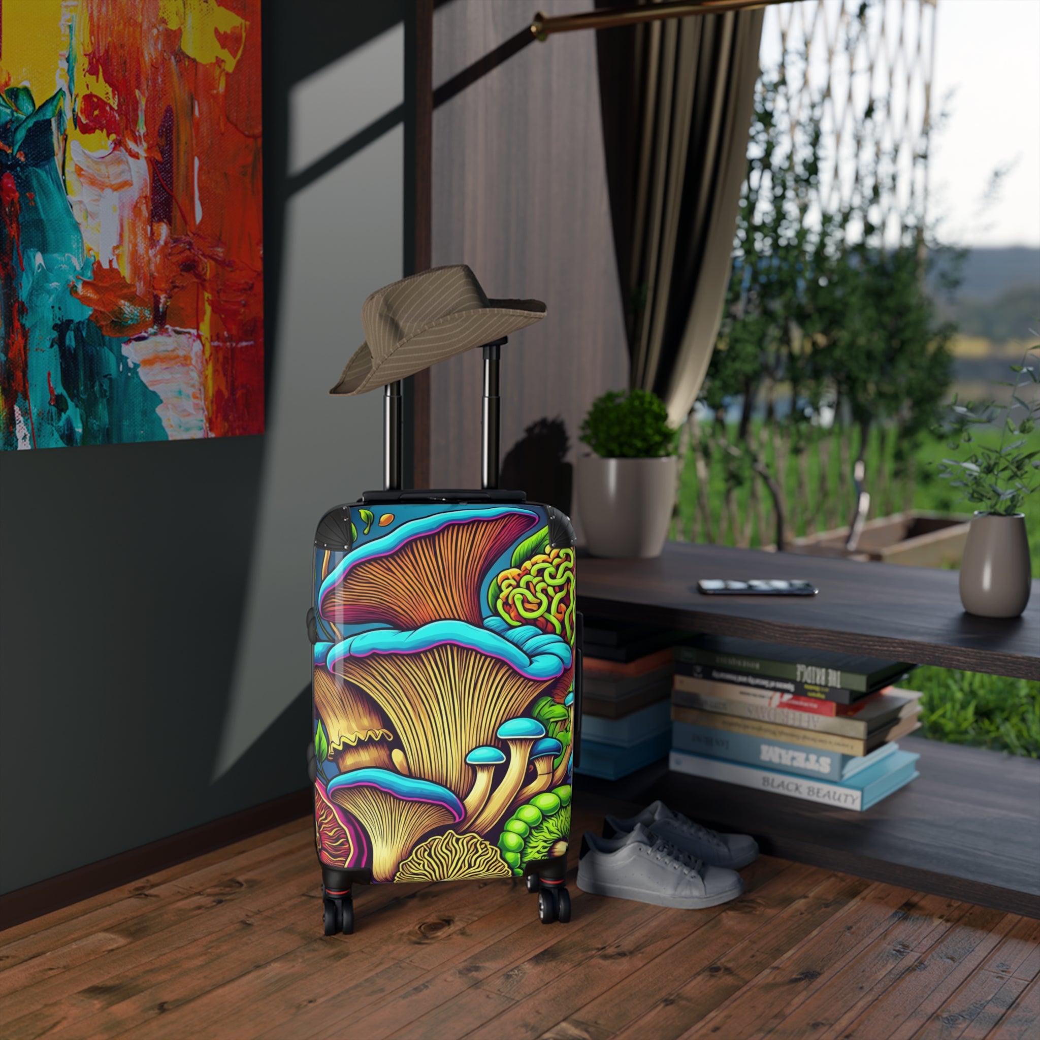 Suitcase: Psychedelic Mushroom Print Suitcase – Vibrant Travel Carry-On for Nature Lovers