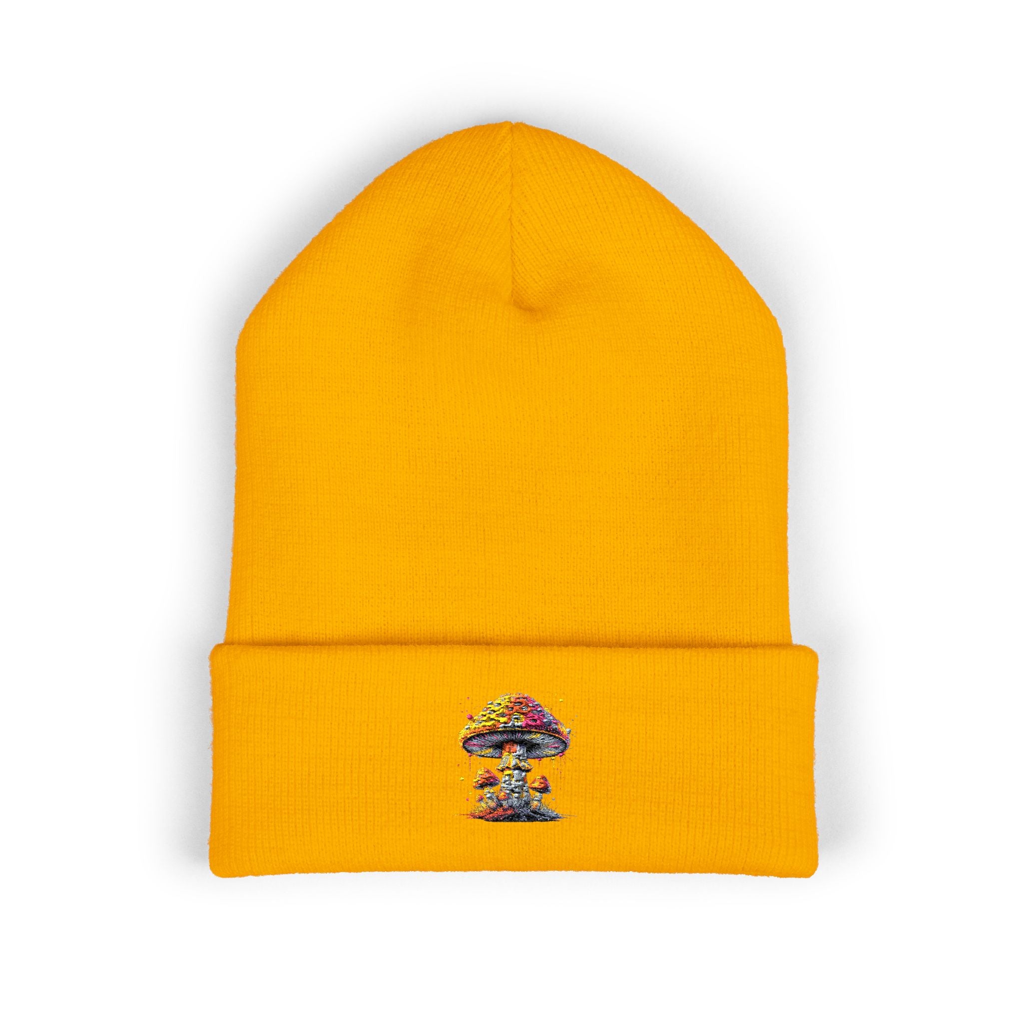 Beanie: Embroidered Colorful Mushroom Beanie — Cute Cuffed Knit Hat