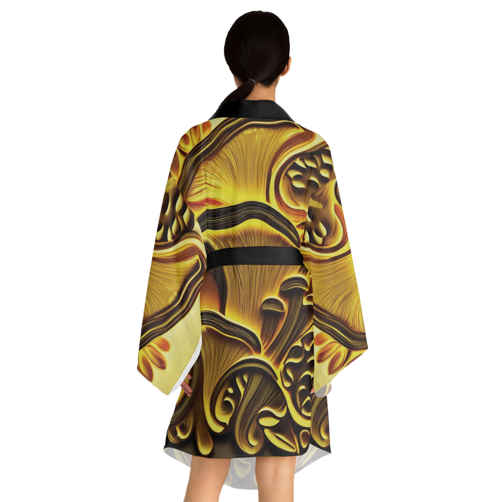 Kimono Robe: Gold Floral Kimono Robe — Decorative All-Over Print Long Sleeve