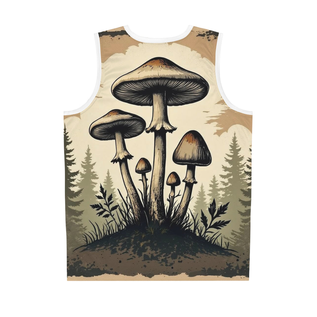 Camiseta de baloncesto Mushroom Forest — Estampado psicodélico vintage de hongos por toda la prenda