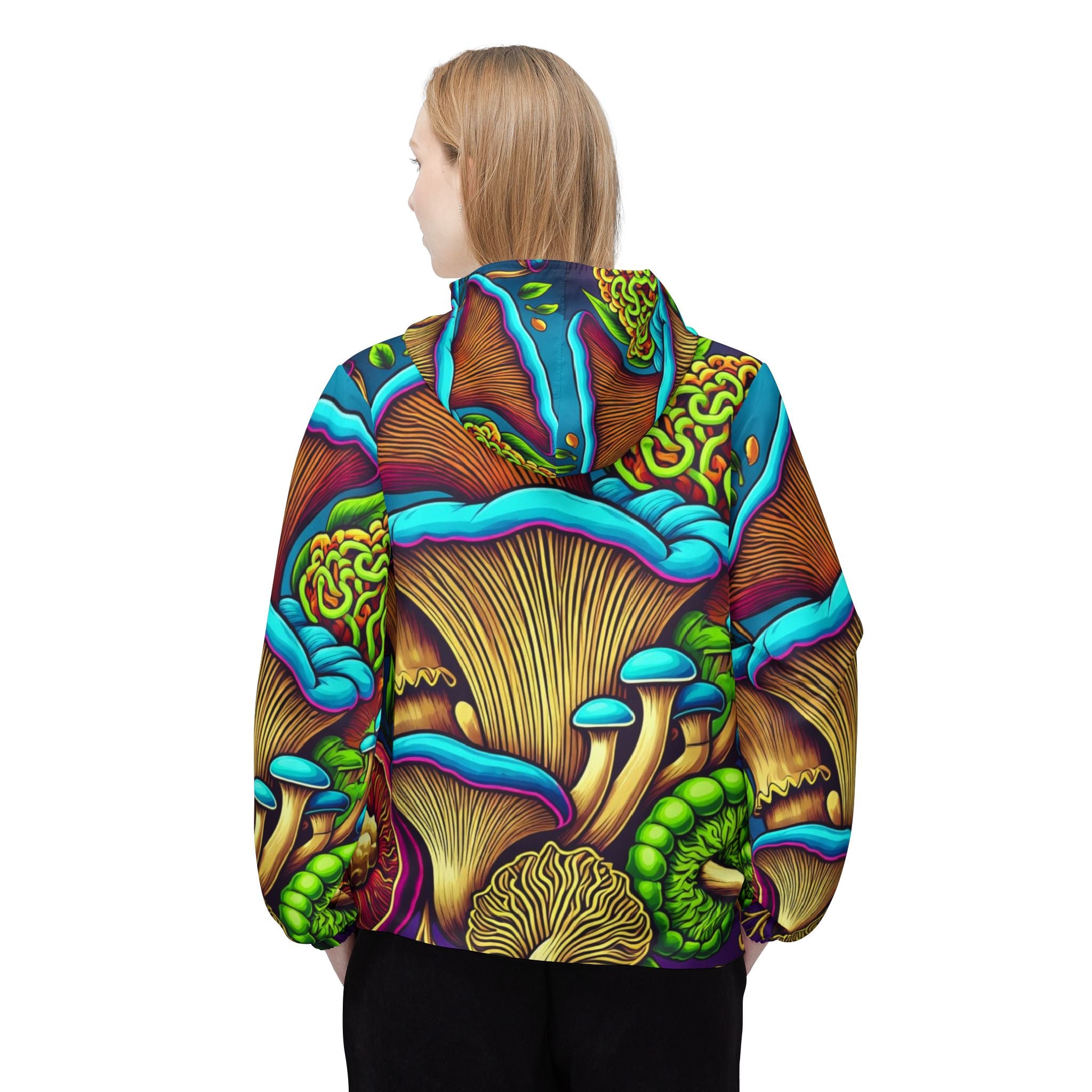 Psychedelic Mushroom Print Windbreaker Jacket — Vibrant All-Over Fungi Design