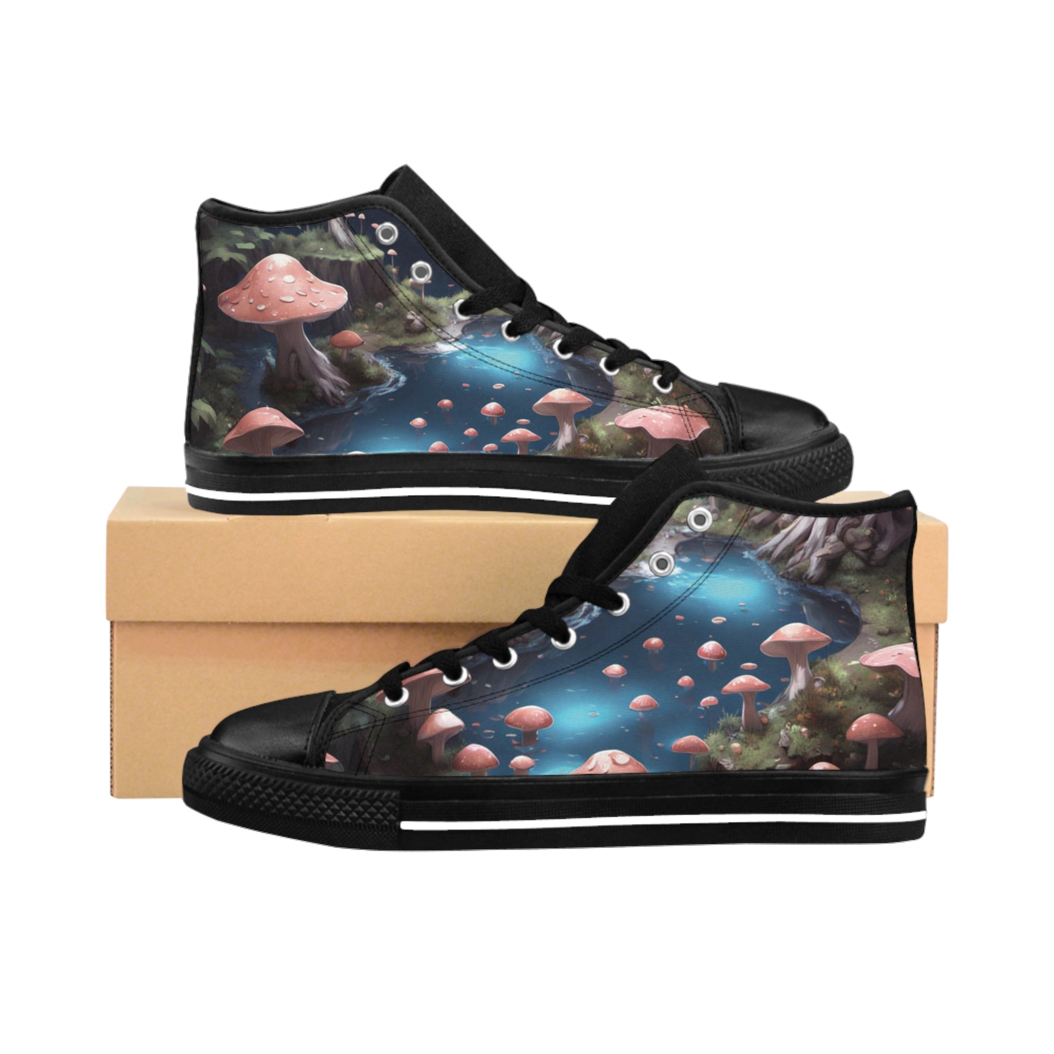 Mushroom Forest High-Top Sneakers — Women's Fantasy Nature Canvas Shoes