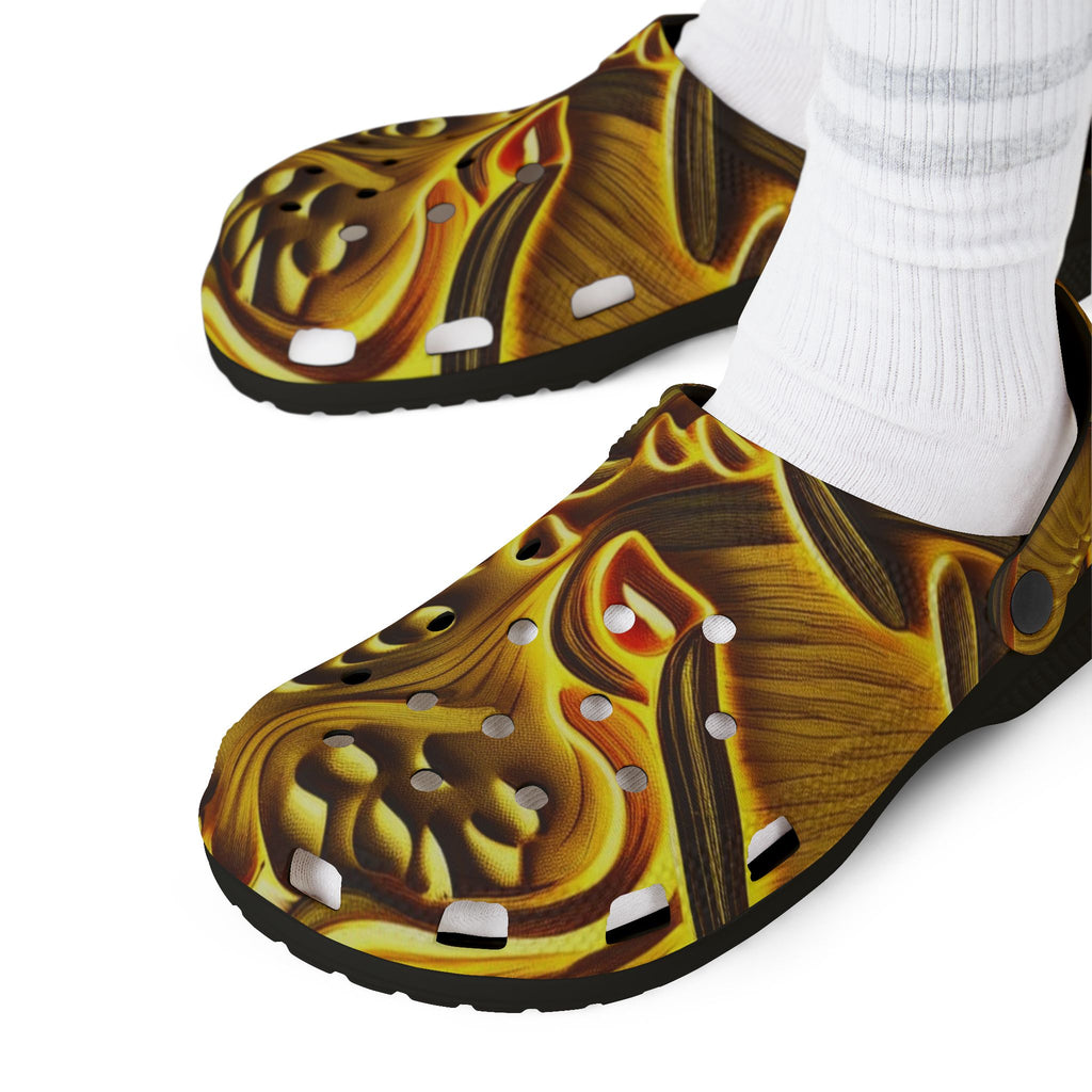 Clogs: Golden Swirl EVA Foam Clogs — Abstract Metallic Pattern Slip-Ons