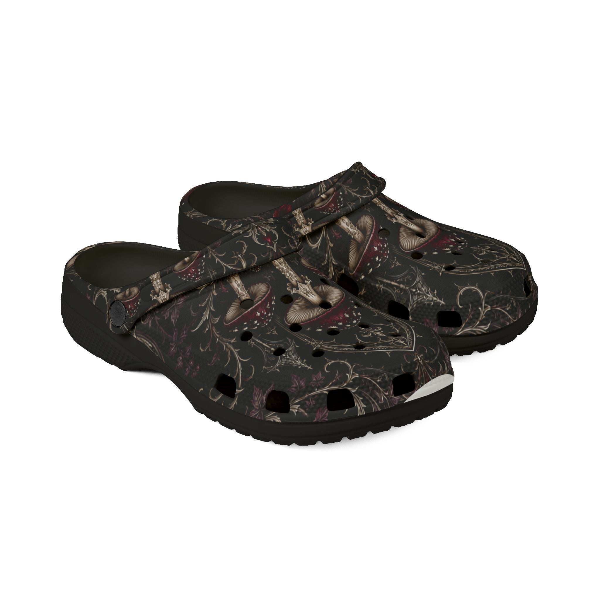 Clogs: Mushroom Garden EVA Foam Clogs — Lightweight Comfort Shoes with Dark Fungi Print