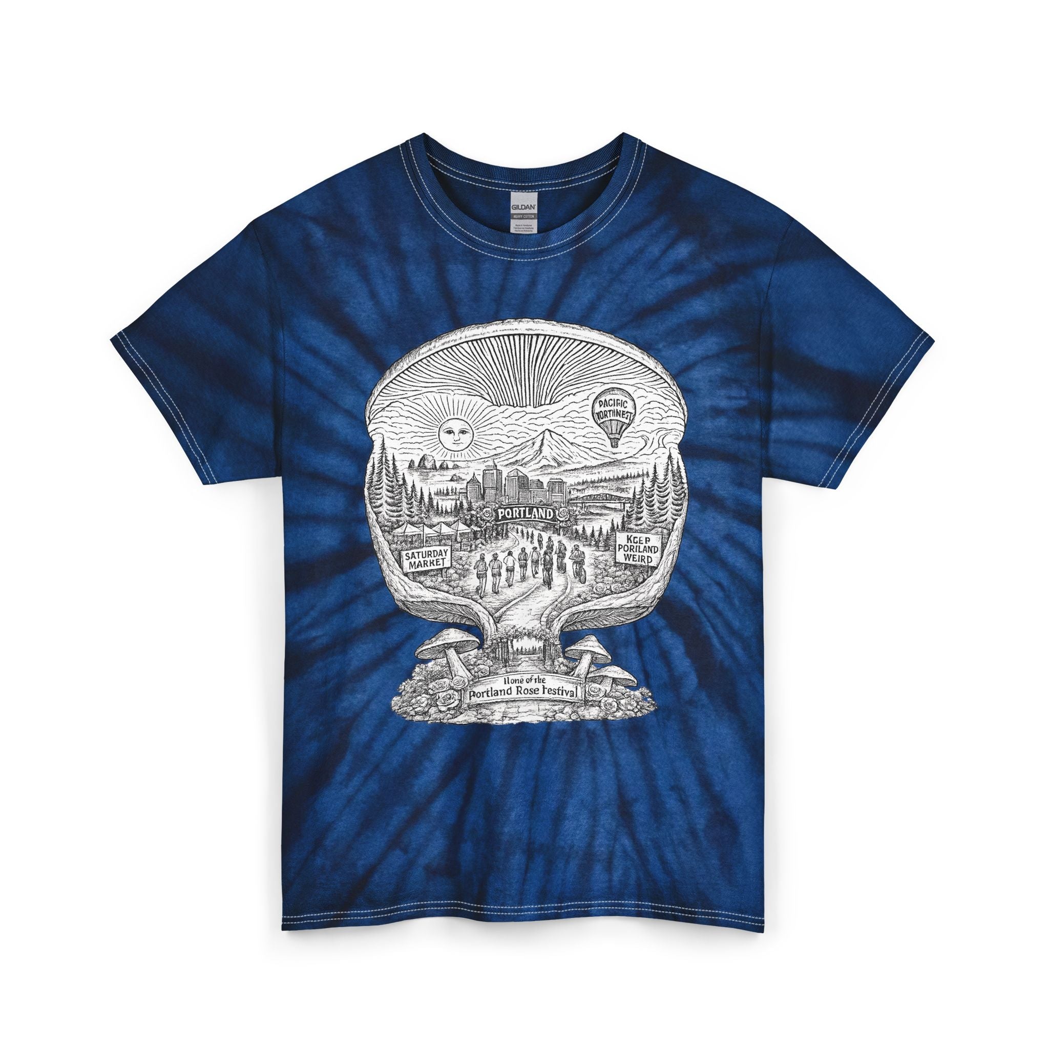Tie-Dye T-Shirt — Vintage Mushroom Skull Scenic Print (Farmers Market Map)
