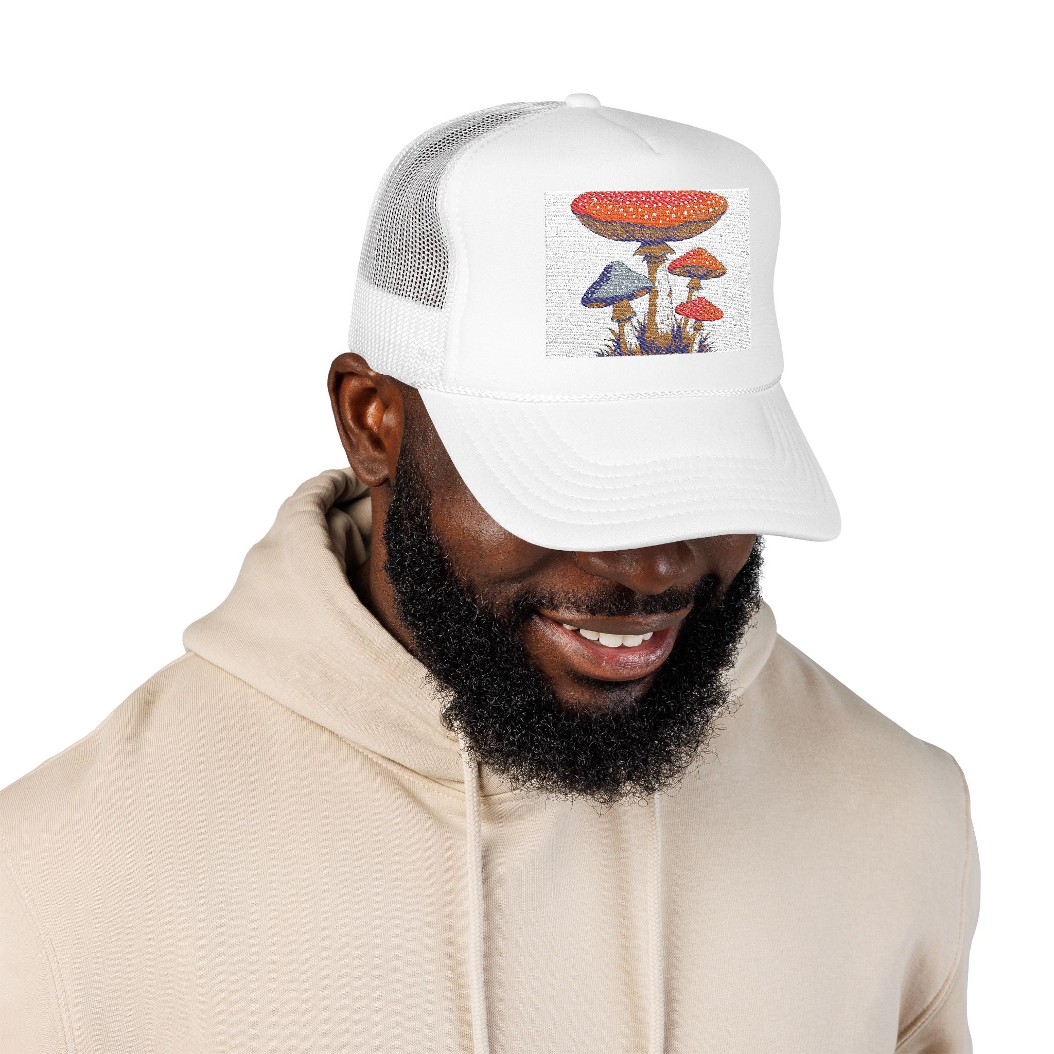 Mushroom Patch Trucker Hat — Vintage Fungi Graphic Foam Cap