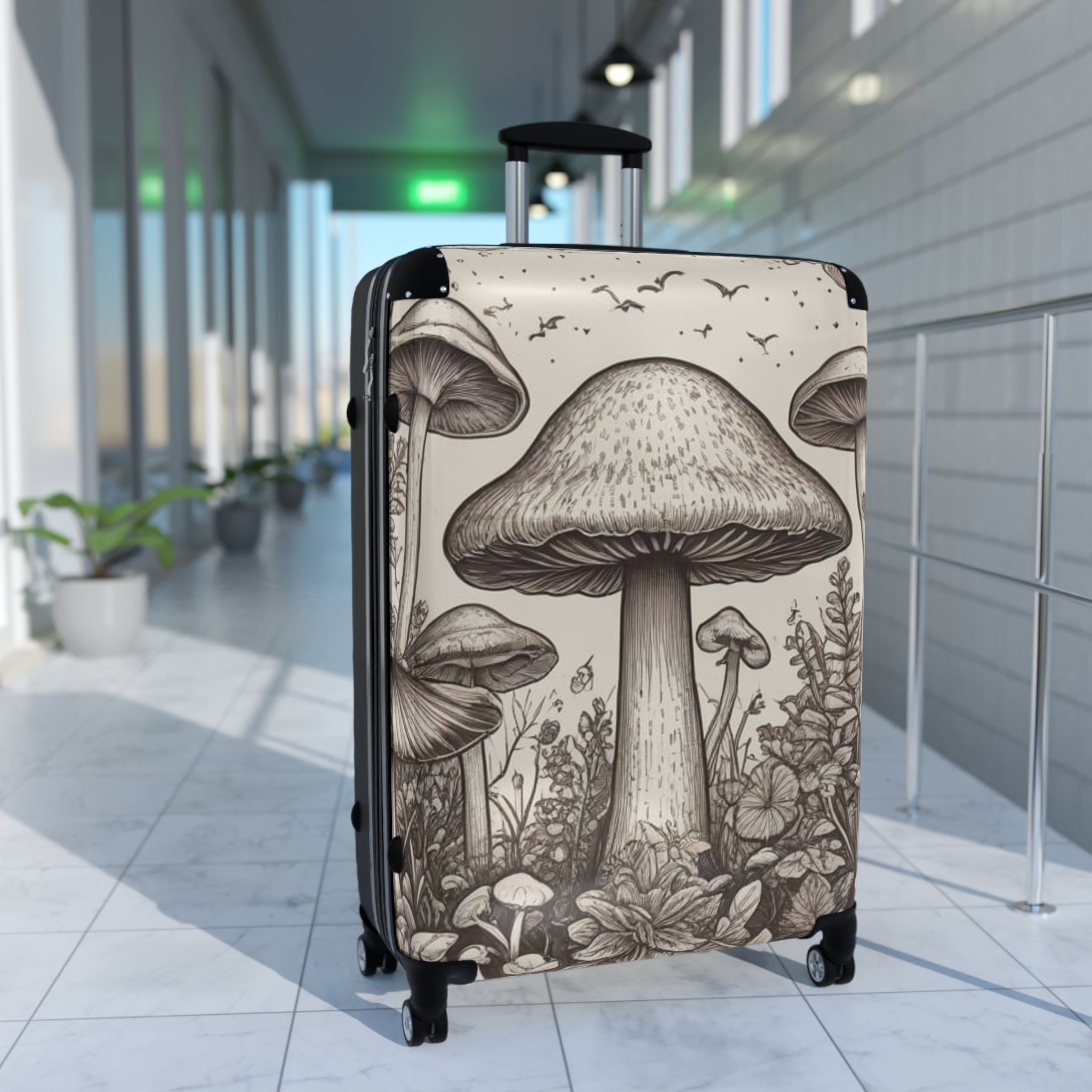 Mushroom Illustration Suitcase – Botanical Fungi Carry-On Luggage