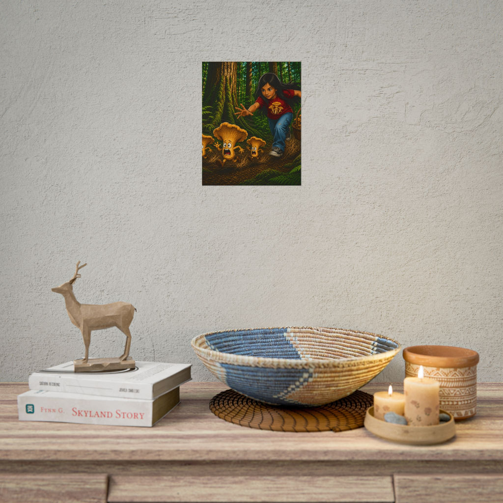 Rolled Poster: Girl Chasing Animated Mushrooms Forest Art Print