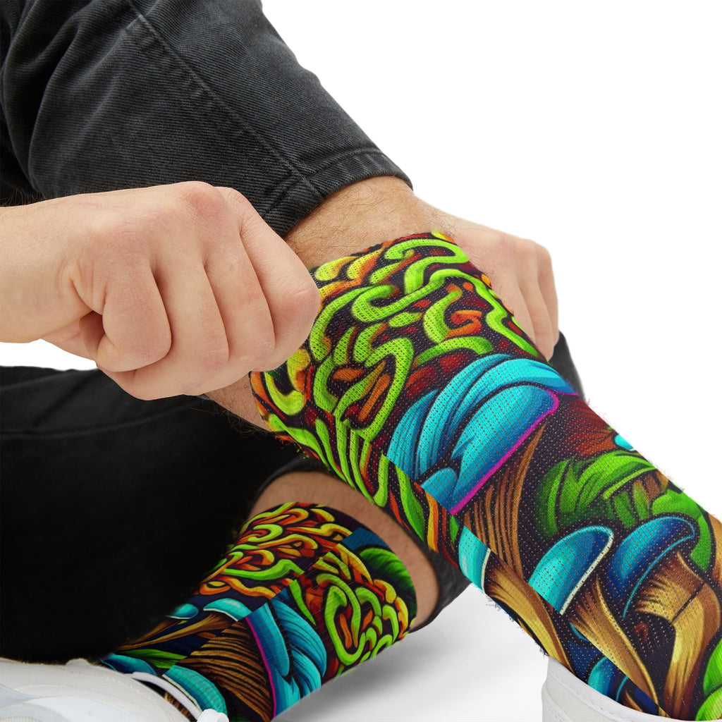 Socks: Psychedelic Mushroom Socks — Vibrant Green Fungi Sublimation Crew Socks