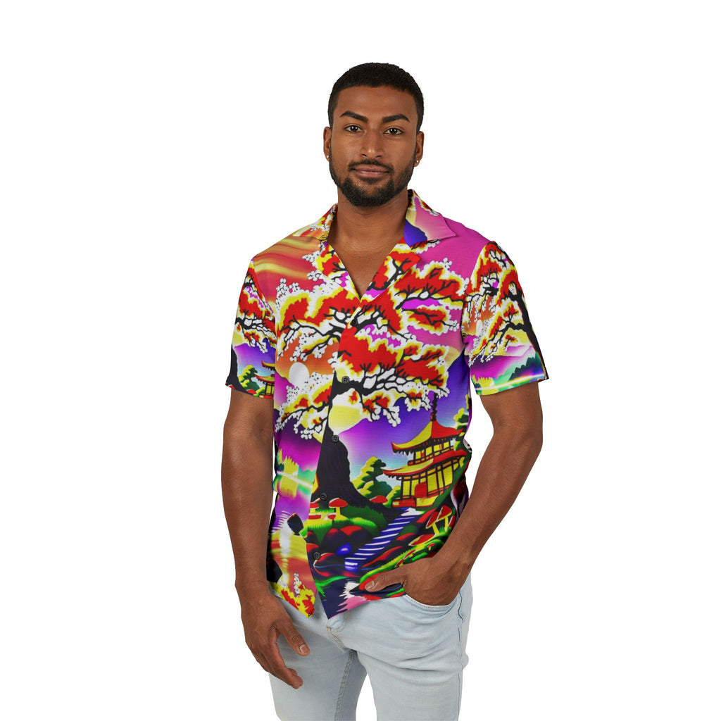 Men's Hawaiian Shirt — Vibrant Neon Sakura Island Print