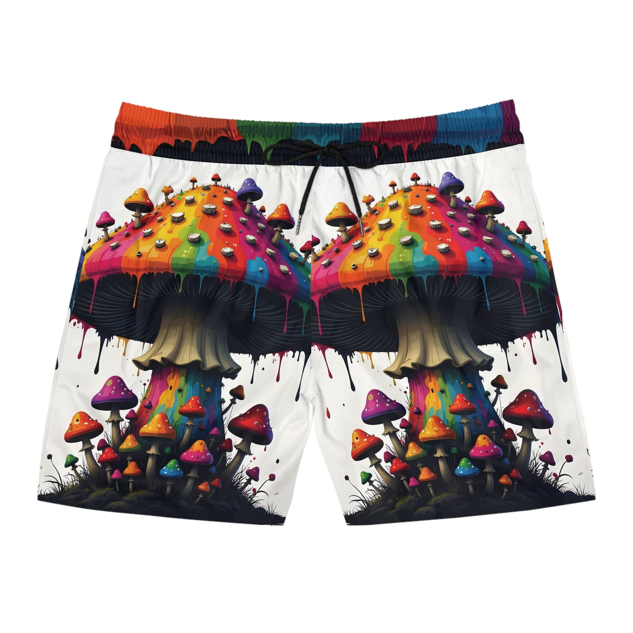 Psychedelic Rainbow Mushroom Swim Shorts — Men's Mid-Length Beach Trunks