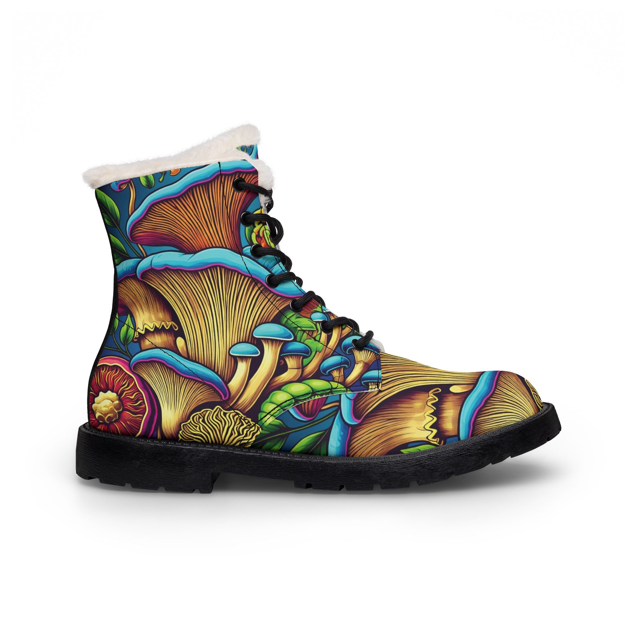 Boots: Synthetic Leather Boots: Women's Fur-Lined Leather Boots — Colorful Psychedelic Mushroom Print