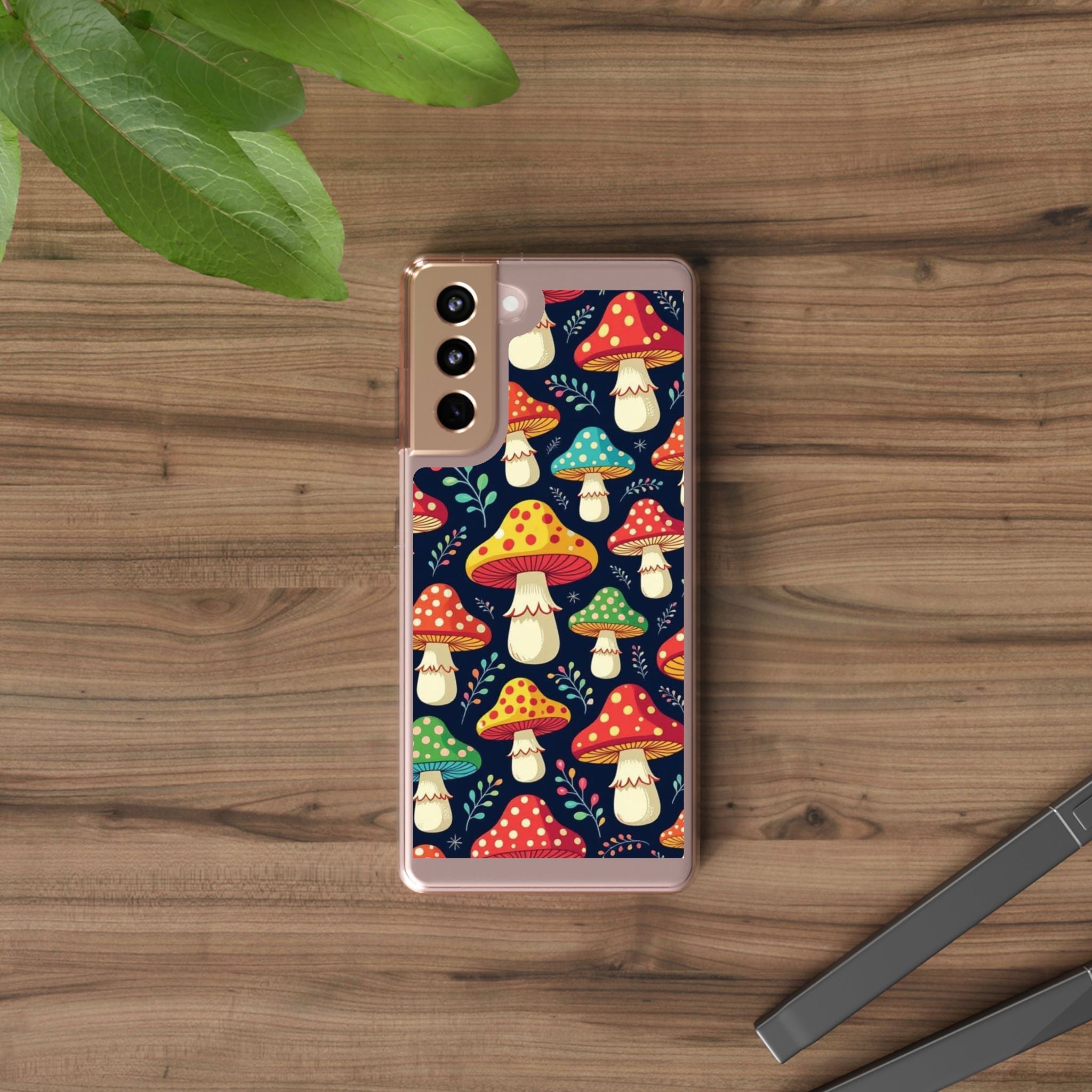 Phone Case: Mushroom Pattern Clear Phone Case — Colorful Toadstool Floral Design
