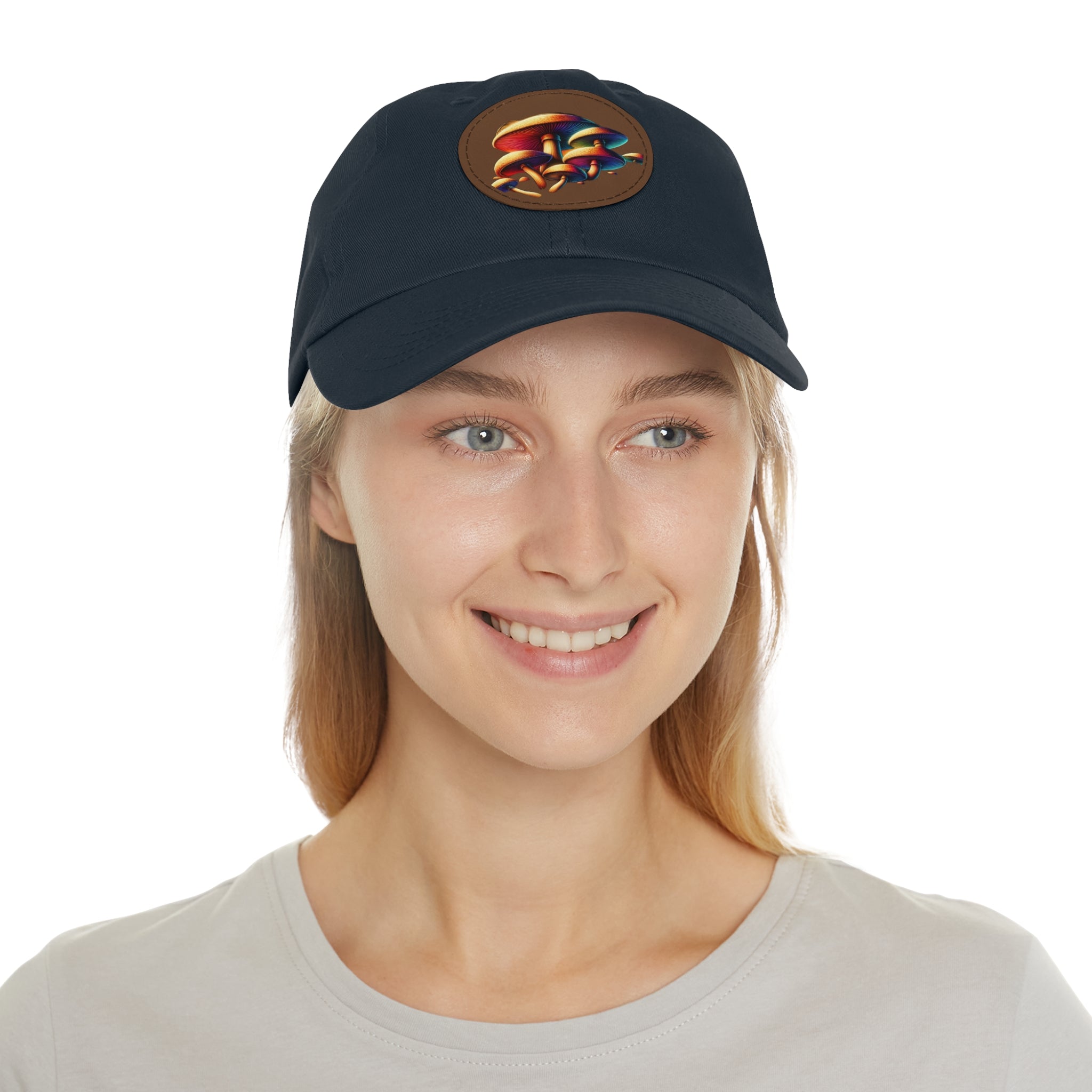 Mushroom Patch Dad Hat — Colorful Psychedelic Fungi Leather Patch Cap