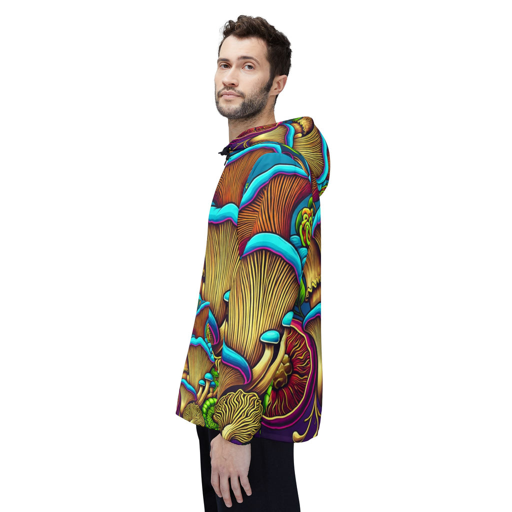 Psychedelic Mushroom Print Windbreaker Jacket — Vibrant All-Over Fungi Design