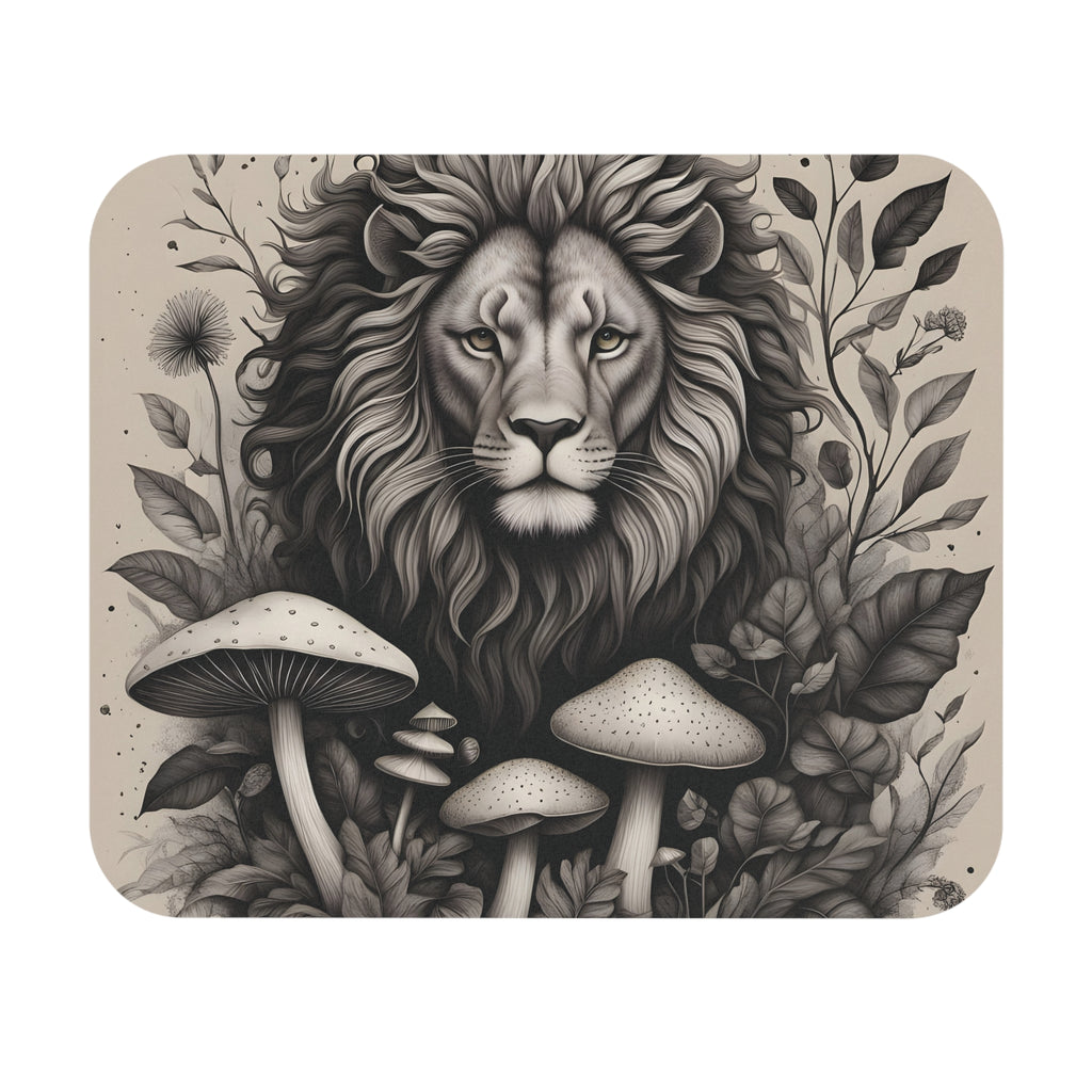 Mouse Pad: Lion & Mushrooms Mouse Pad — Monochrome Botanical Desk Mat