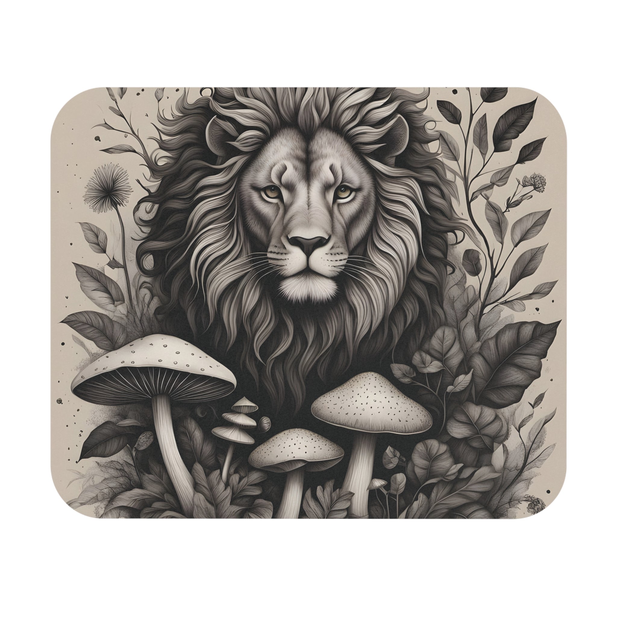 Mouse Pad: Lion & Mushrooms Mouse Pad — Monochrome Botanical Desk Mat