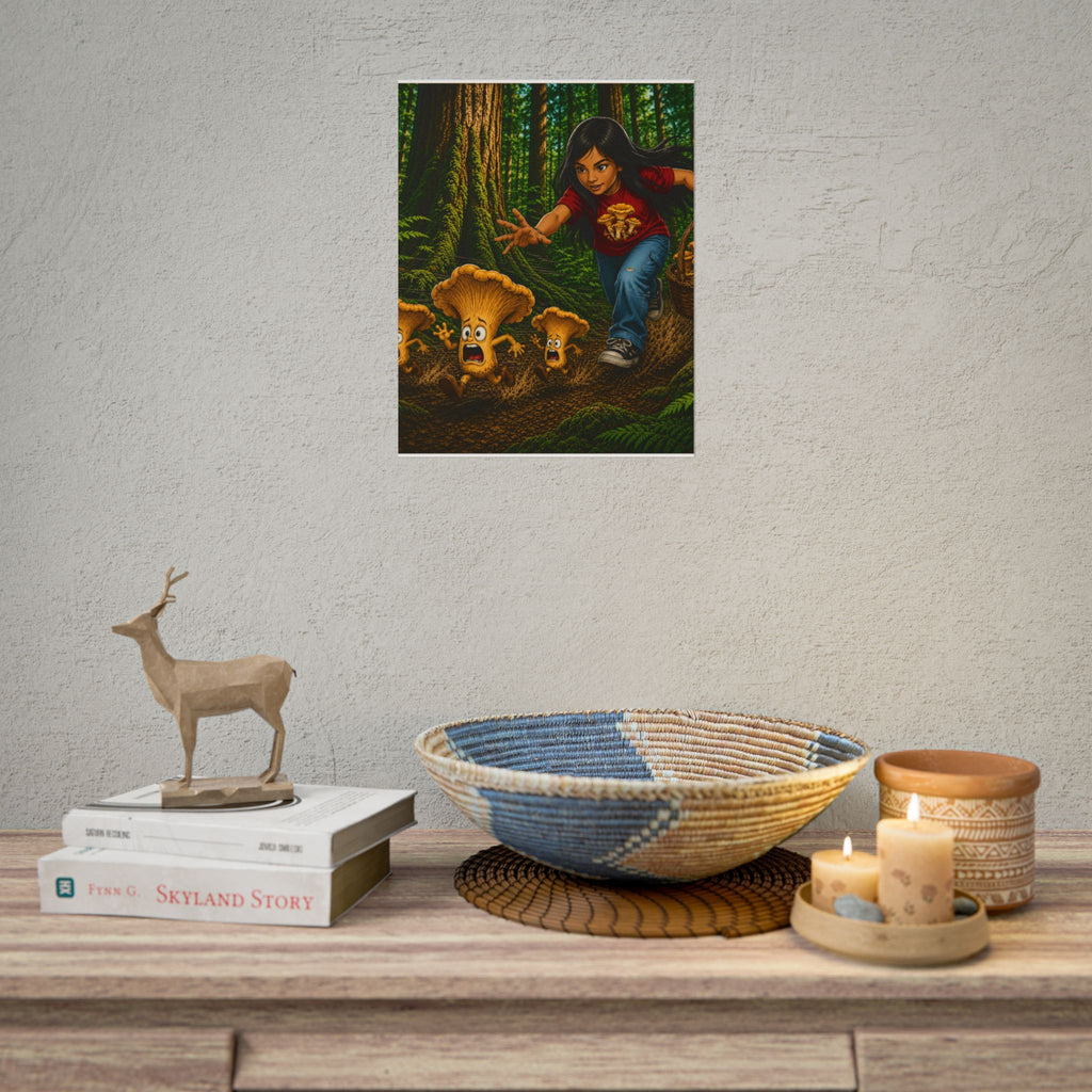 Rolled Poster: Girl Chasing Animated Mushrooms Forest Art Print