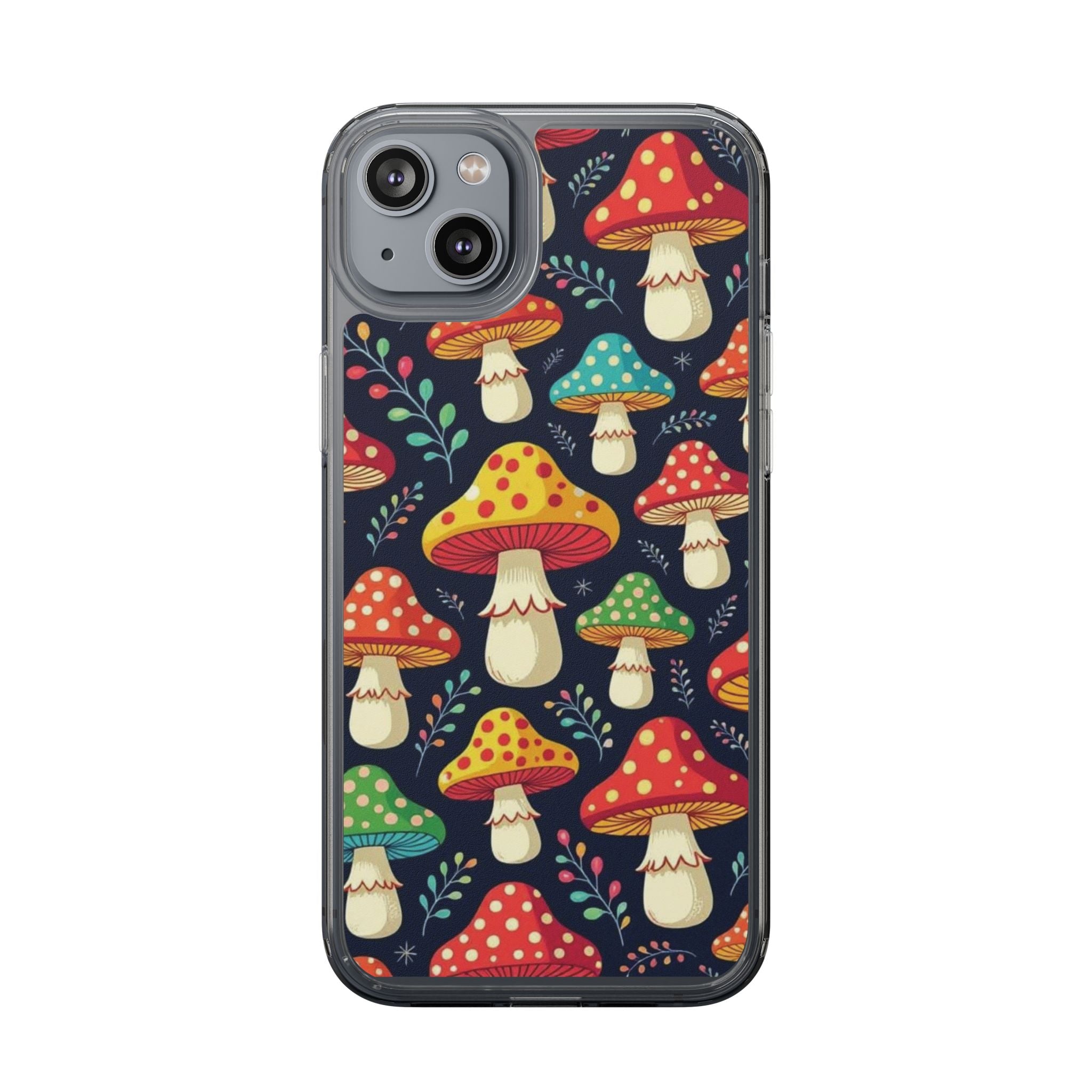 Phone Case: Mushroom Pattern Clear Phone Case — Colorful Toadstool Floral Design
