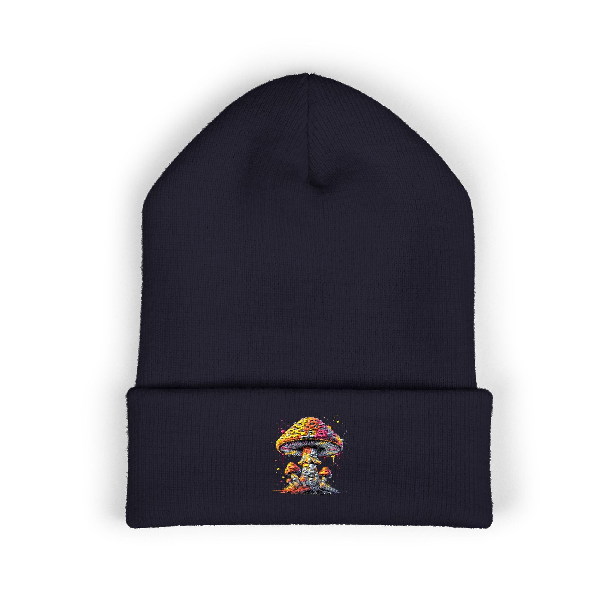 Beanie: Embroidered Colorful Mushroom Beanie — Cute Cuffed Knit Hat