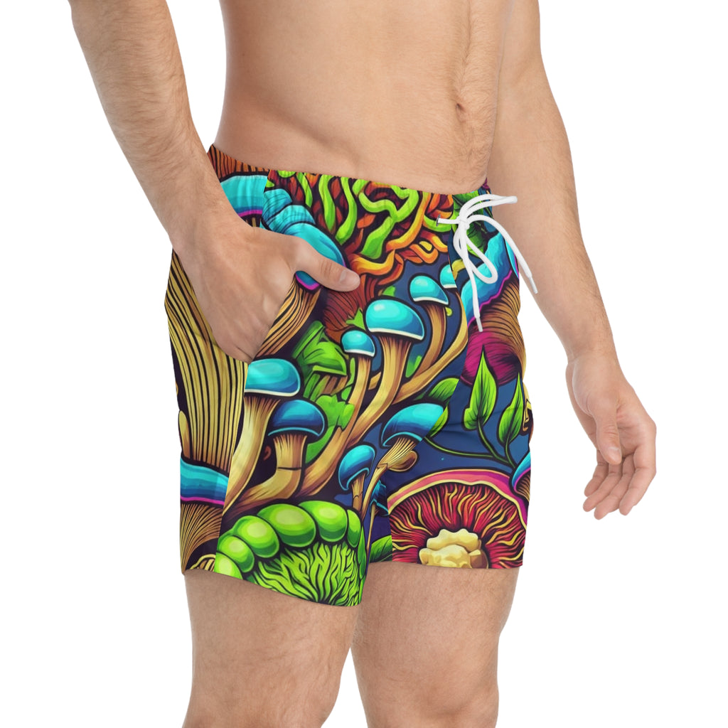 Mushroom Psychedelic Swim Trunks — Vibrant All-Over Print Beach Shorts