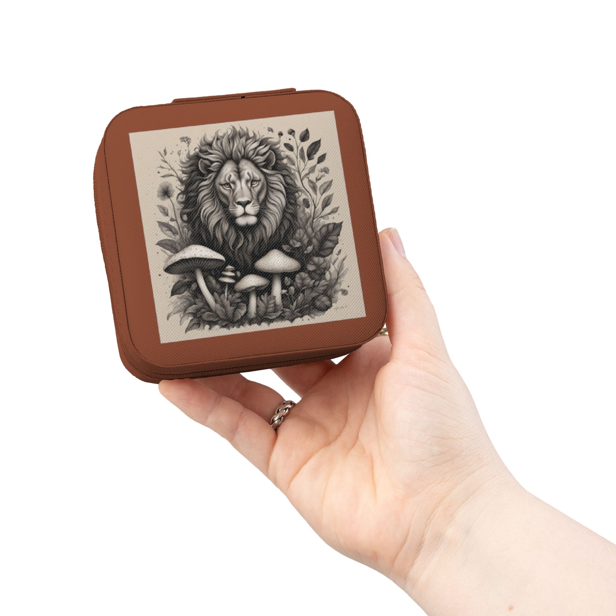 Lion & Mushrooms Jewelry Travel Case — Compact Organizer for Rings, Earrings & Necklaces