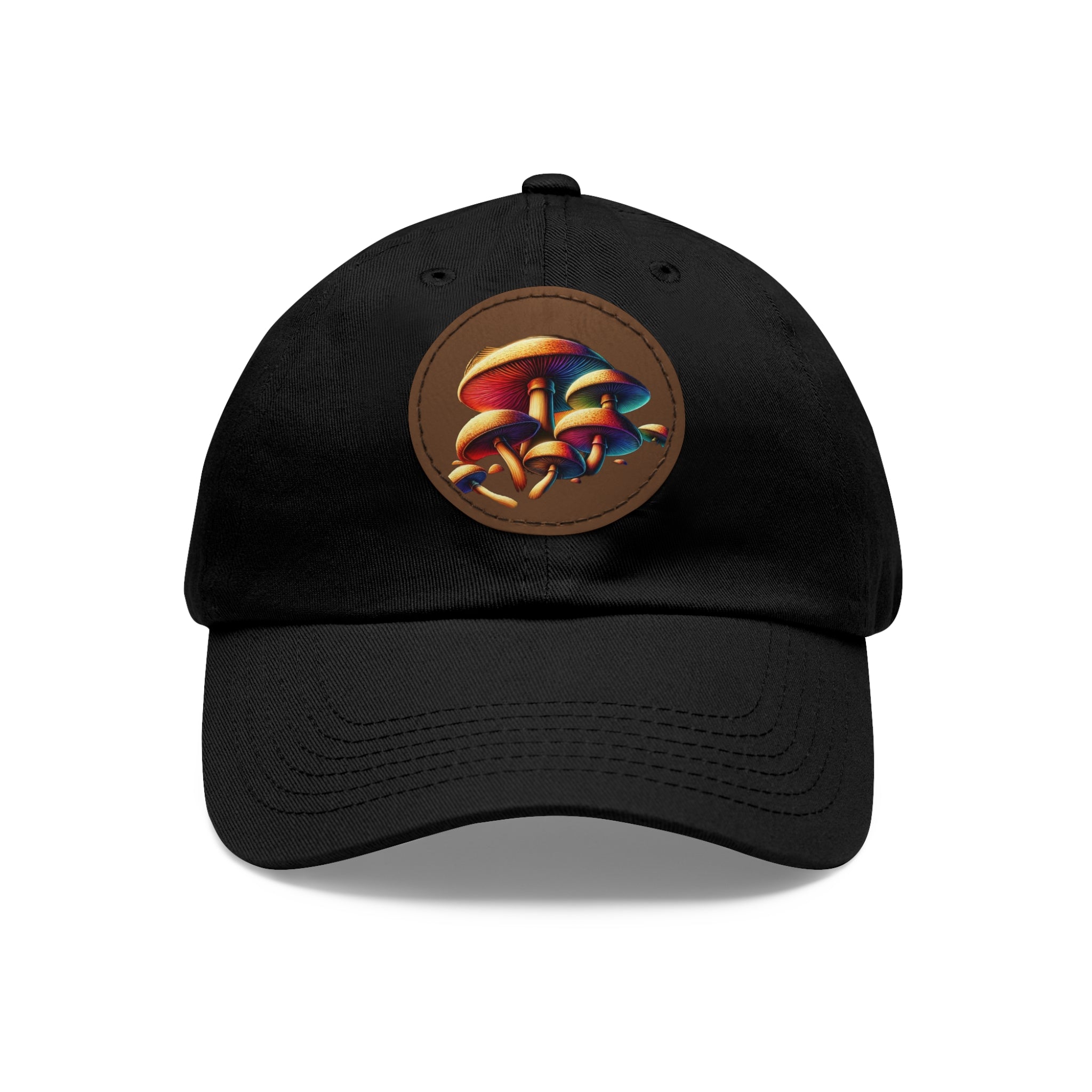 Mushroom Patch Dad Hat — Colorful Psychedelic Fungi Leather Patch Cap