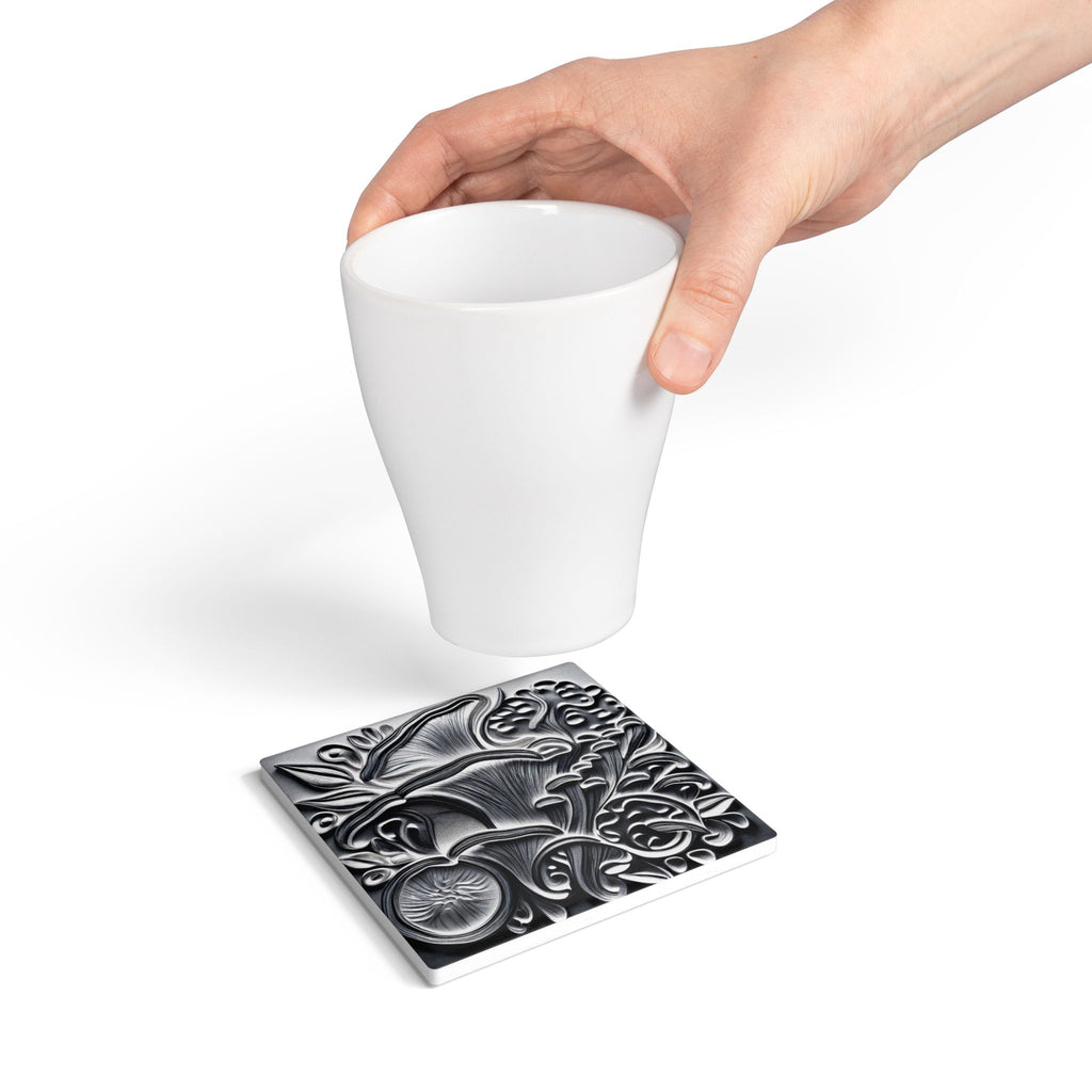Ceramic Coaster: Black & Silver Floral Relief Design, Elegant Gothic Home Decor