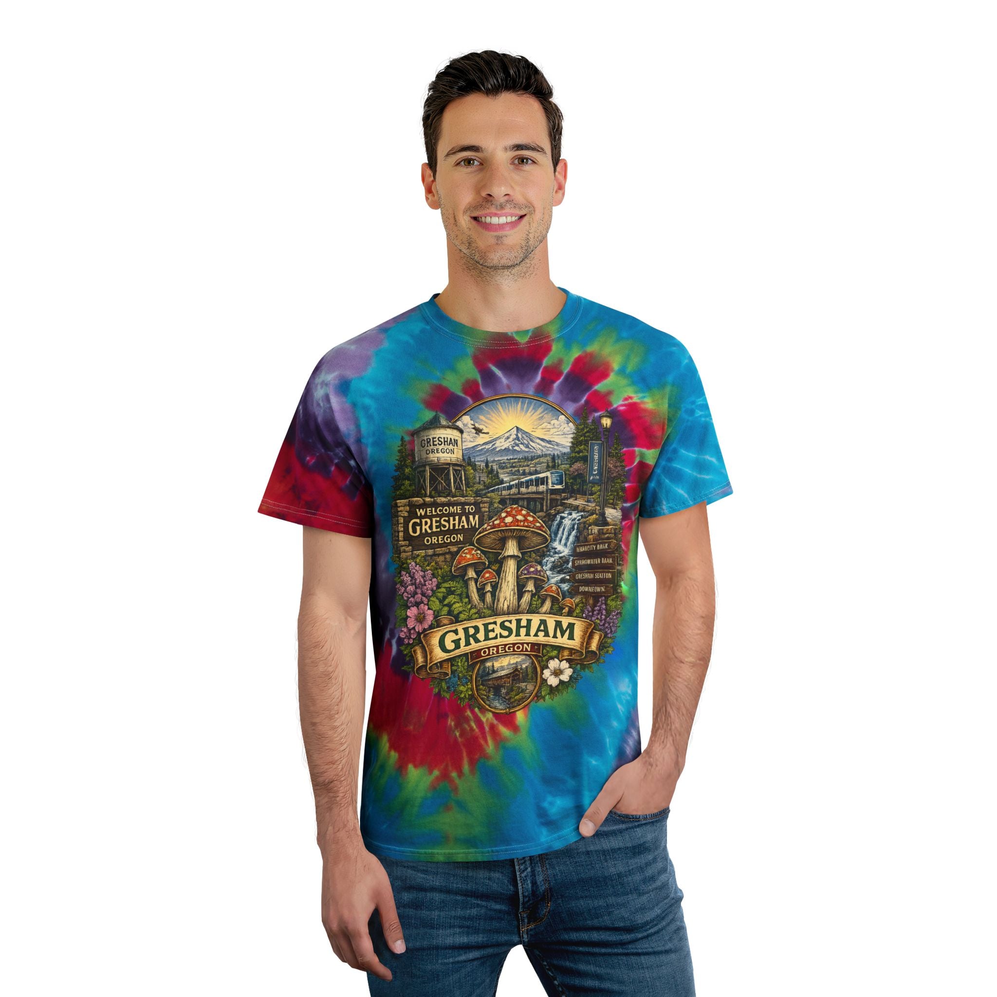 City: Gresham Oregon Spiral Tie-Dye Tee — Vintage Mushroom & Farmers Market Graphic
