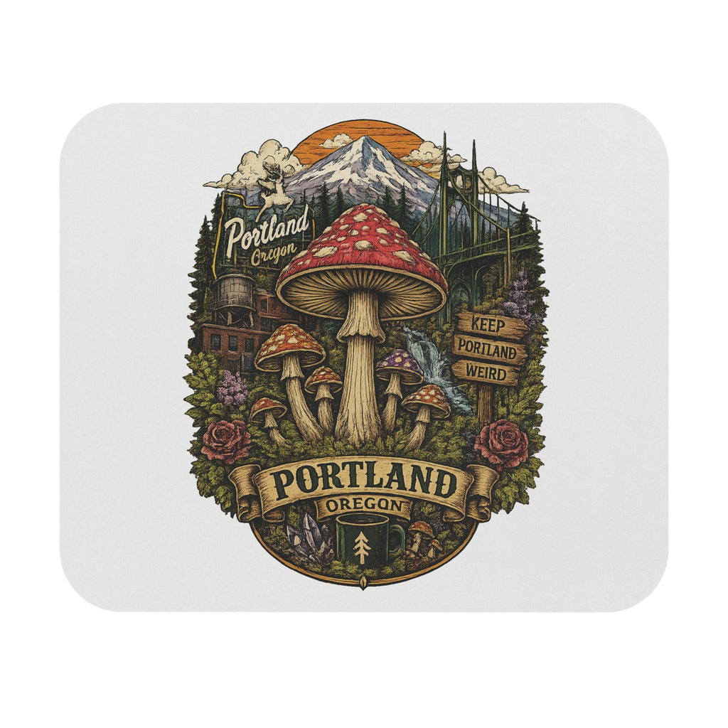 Mouse Pad: Portland Oregon Mushroom Illustration Mouse Pad — 'Keep Portland Weird' Desk Mat