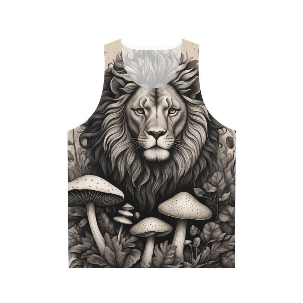 Lion and Mushrooms All-Over Print Tank Top — Monochrome Majestic Forest Vibe