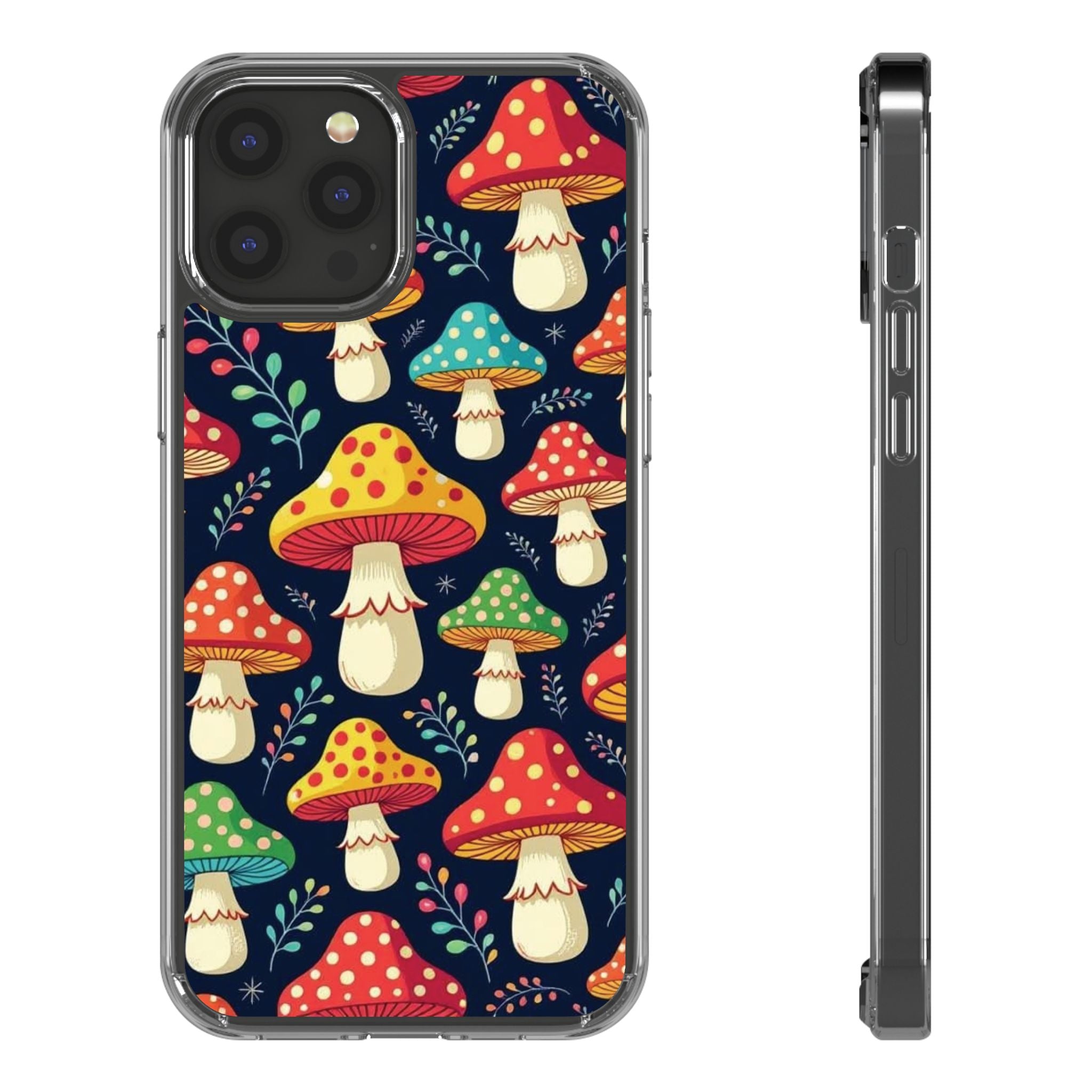 Phone Case: Mushroom Pattern Clear Phone Case — Colorful Toadstool Floral Design