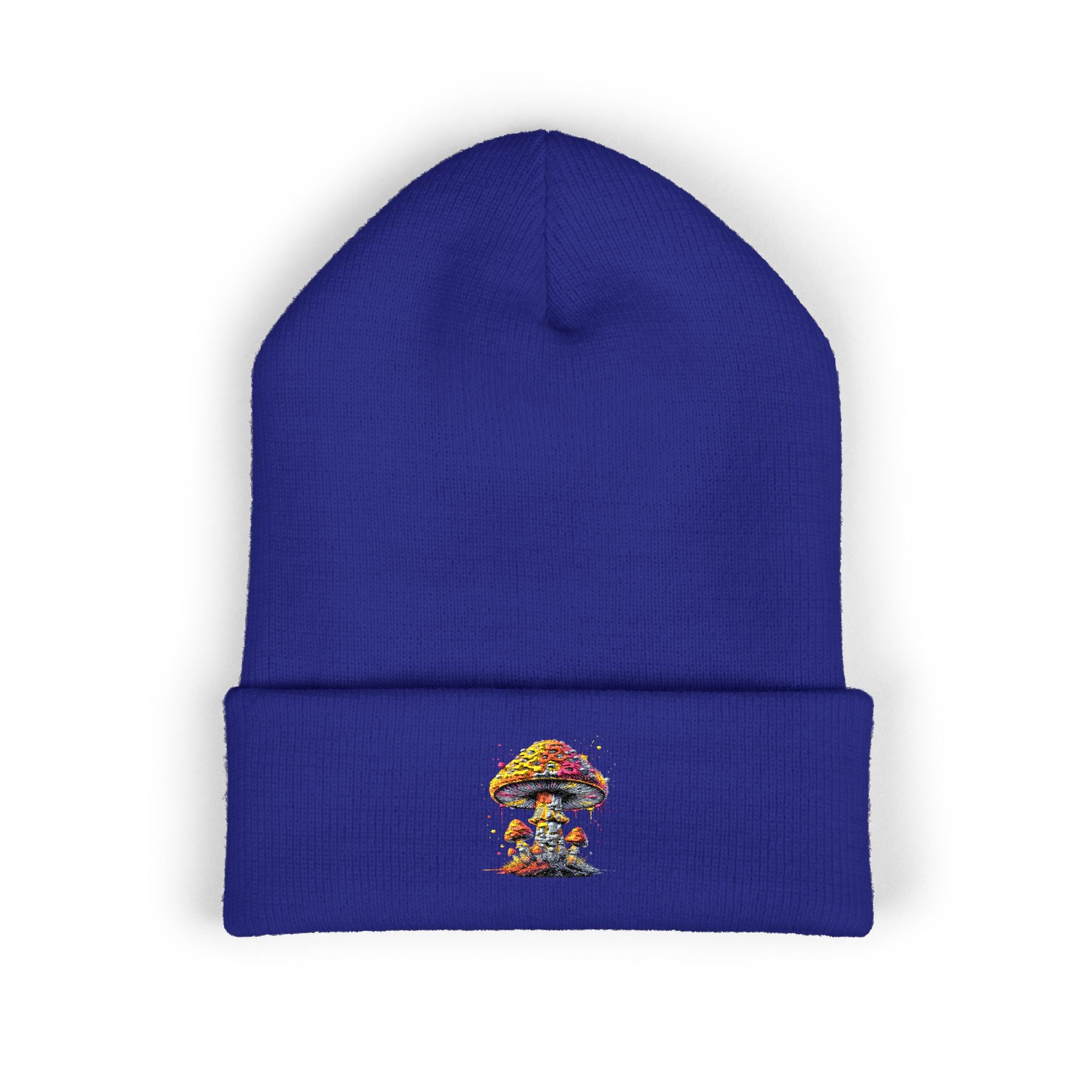 Beanie: Embroidered Colorful Mushroom Beanie — Cute Cuffed Knit Hat